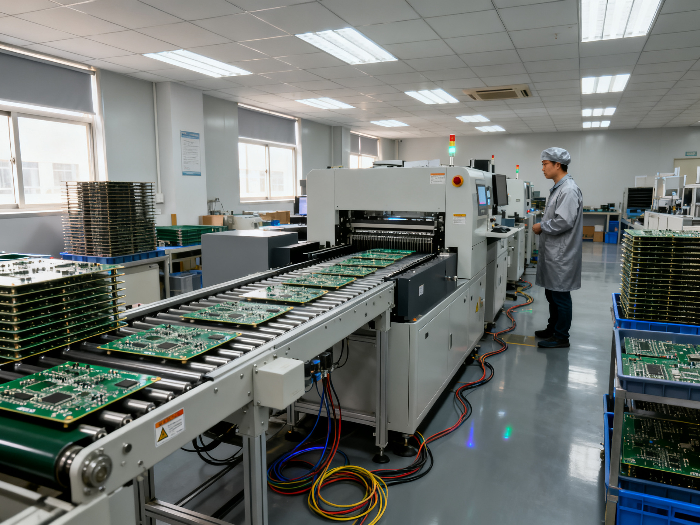 Top Roller Conveyor Manufacturers for PCB Handling and How to Choose the Perfect System - S&M Co.Ltd Chest height documentary view of an SMT production line section with a roller conveyor.