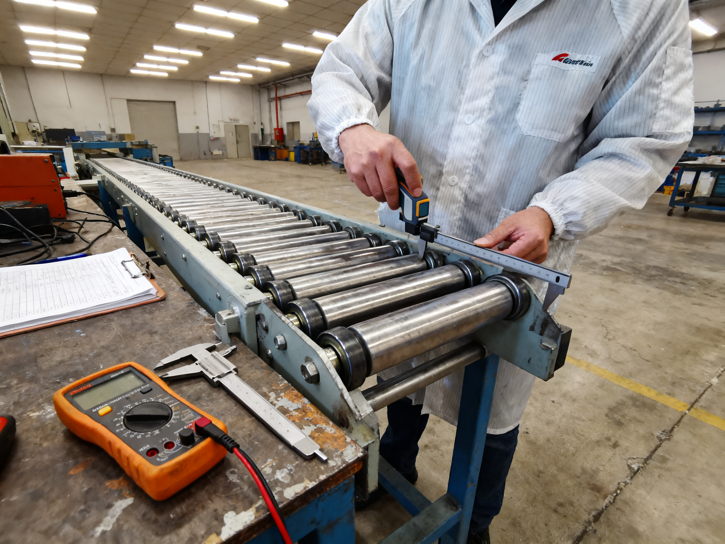 Top Roller Conveyor Manufacturers for PCB Handling and How to Choose the Perfect System1 - S&M Co.Ltd Close documentary detail of a roller conveyor inspection in progress, engineer involved.