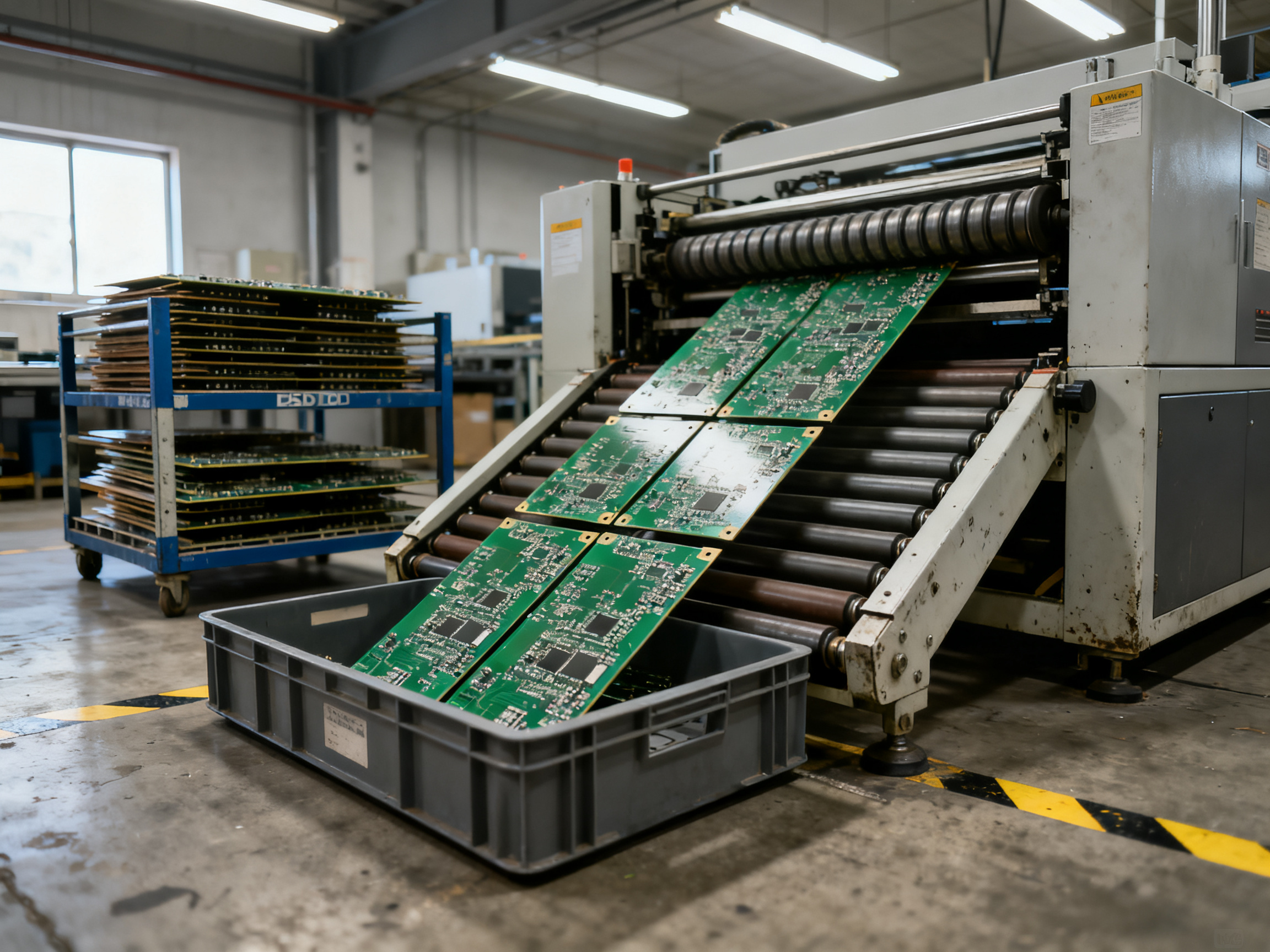 Top Roller Conveyor Manufacturers for PCB Handling and How to Choose the Perfect System2 - S&M Co.Ltd Low angle practical view of PCB boards feeding into a roller conveyor from an inspection station.