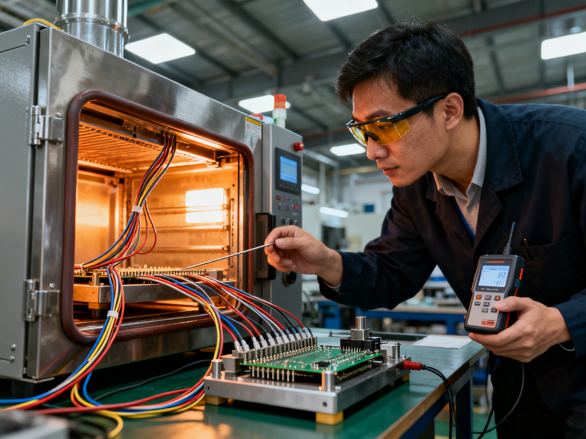 Close detail of thermocouple wires being routed into a curing oven chamber for temperature monitoring and calibration.