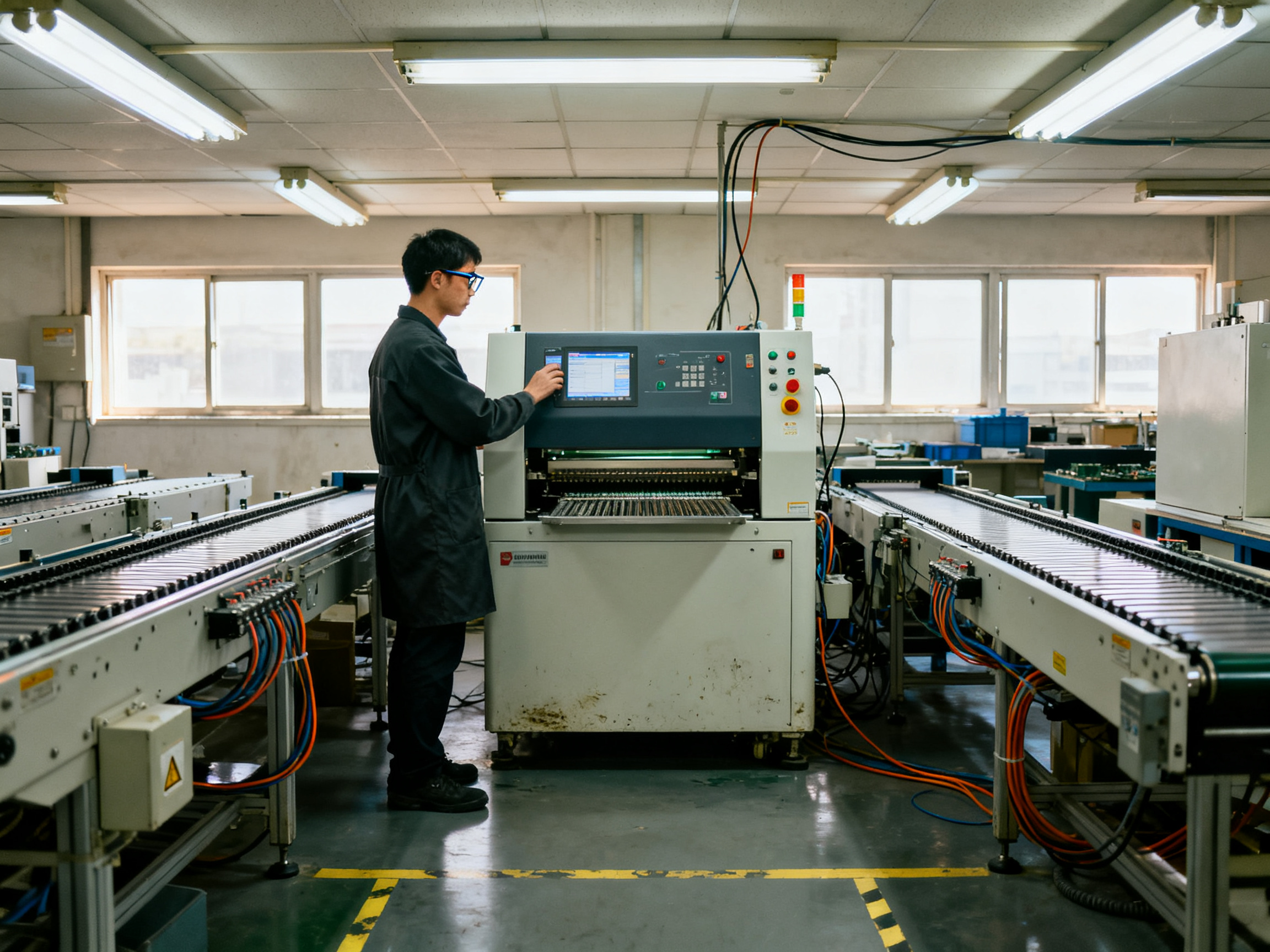 Mastering SMT Reflow Oven Temperature Profiles: Optimal Settings and Control - S&M Co.Ltd A production engineer stands beside a reflow oven on an SMT assembly line in an electronics factory.