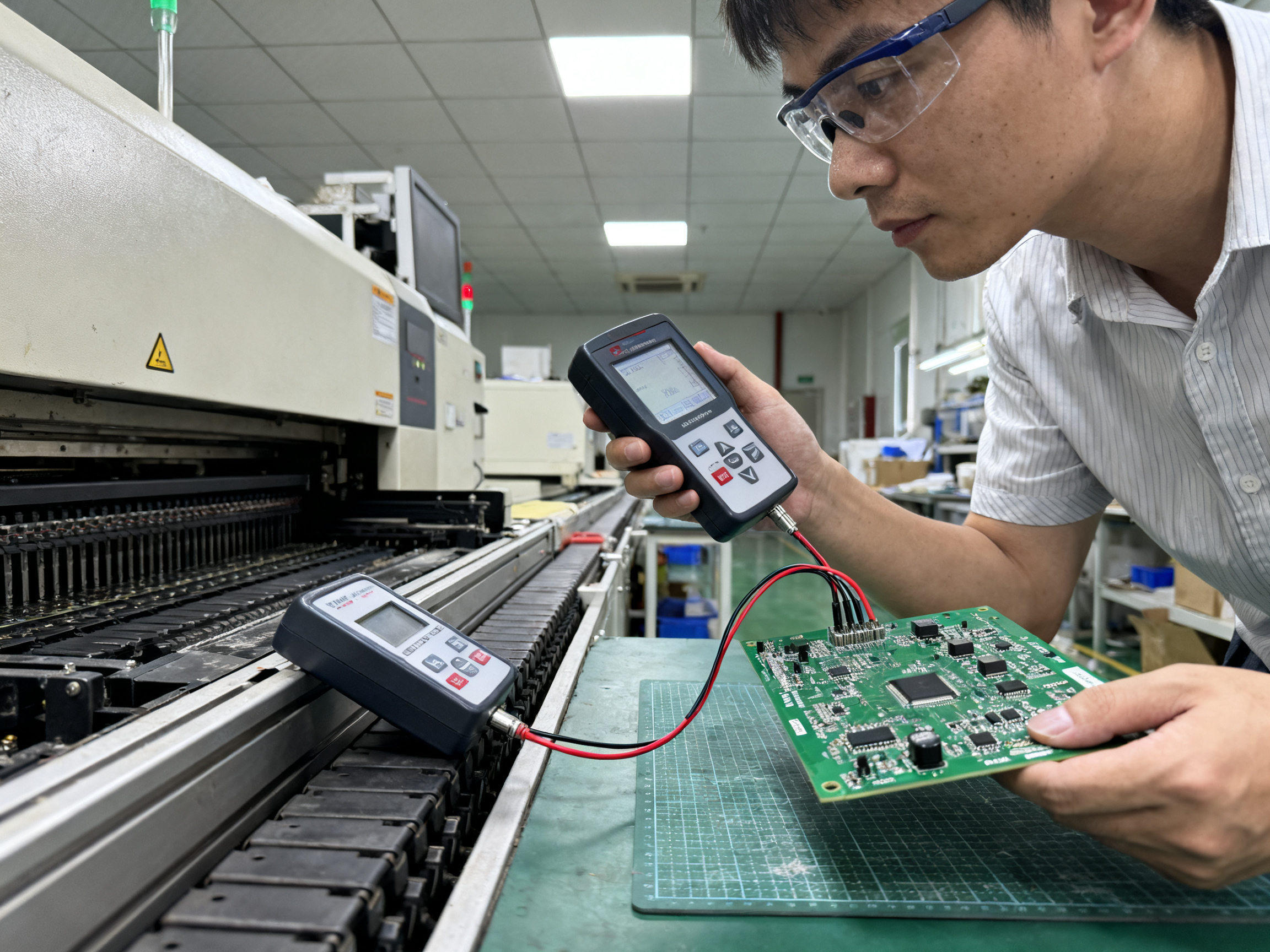 Mastering SMT Reflow Oven Temperature Profiles: Optimal Settings and Control1 - S&M Co.Ltd Close up view of an engineer using a portable thermocouple data logger to validate a reflow oven temperature profile.