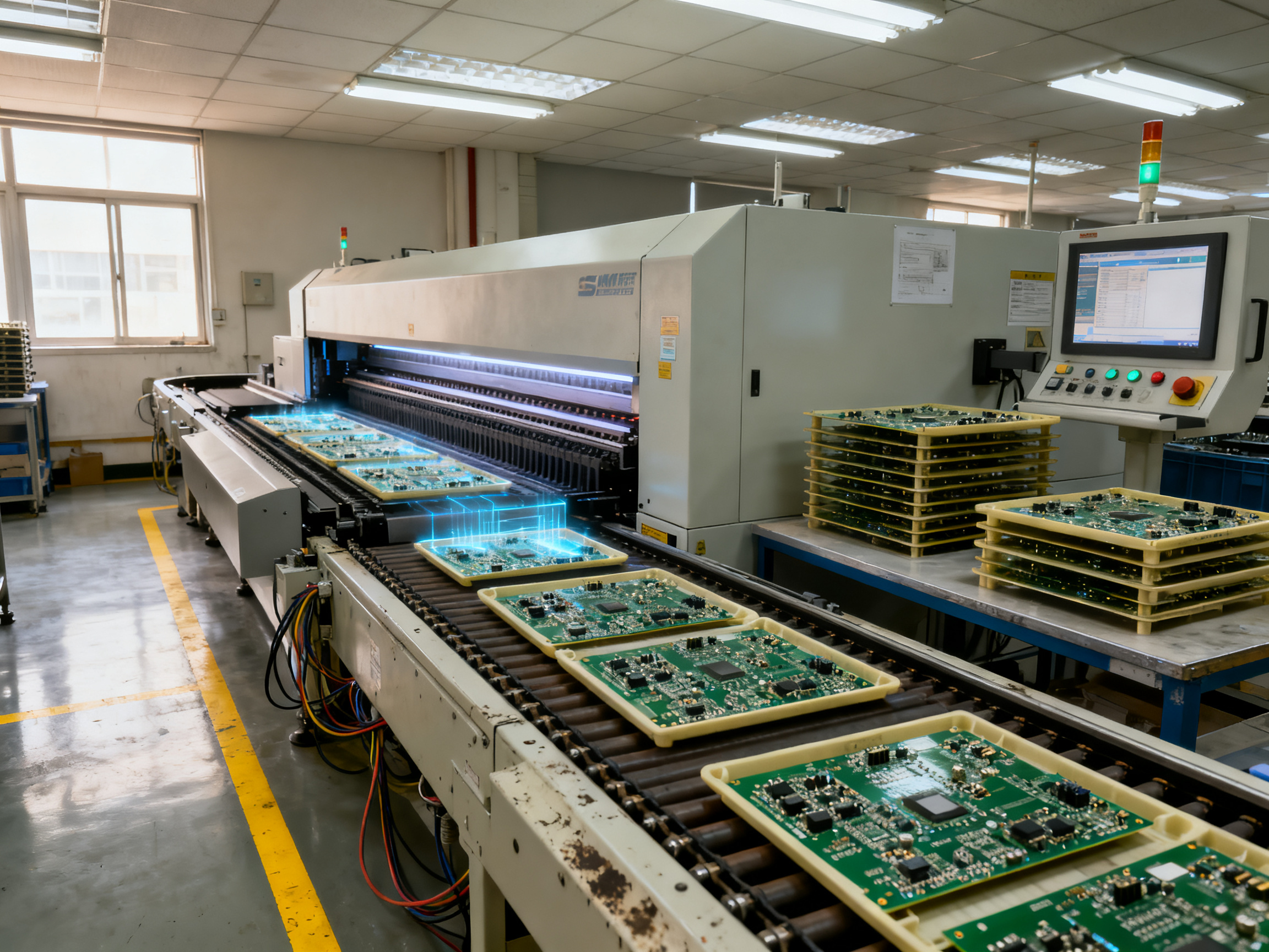 Mastering SMT Reflow Oven Temperature Profiles: Optimal Settings and Control2 - S&M Co.Ltd Wide view of an SMT production line section showing PCB assemblies moving through the reflow oven.