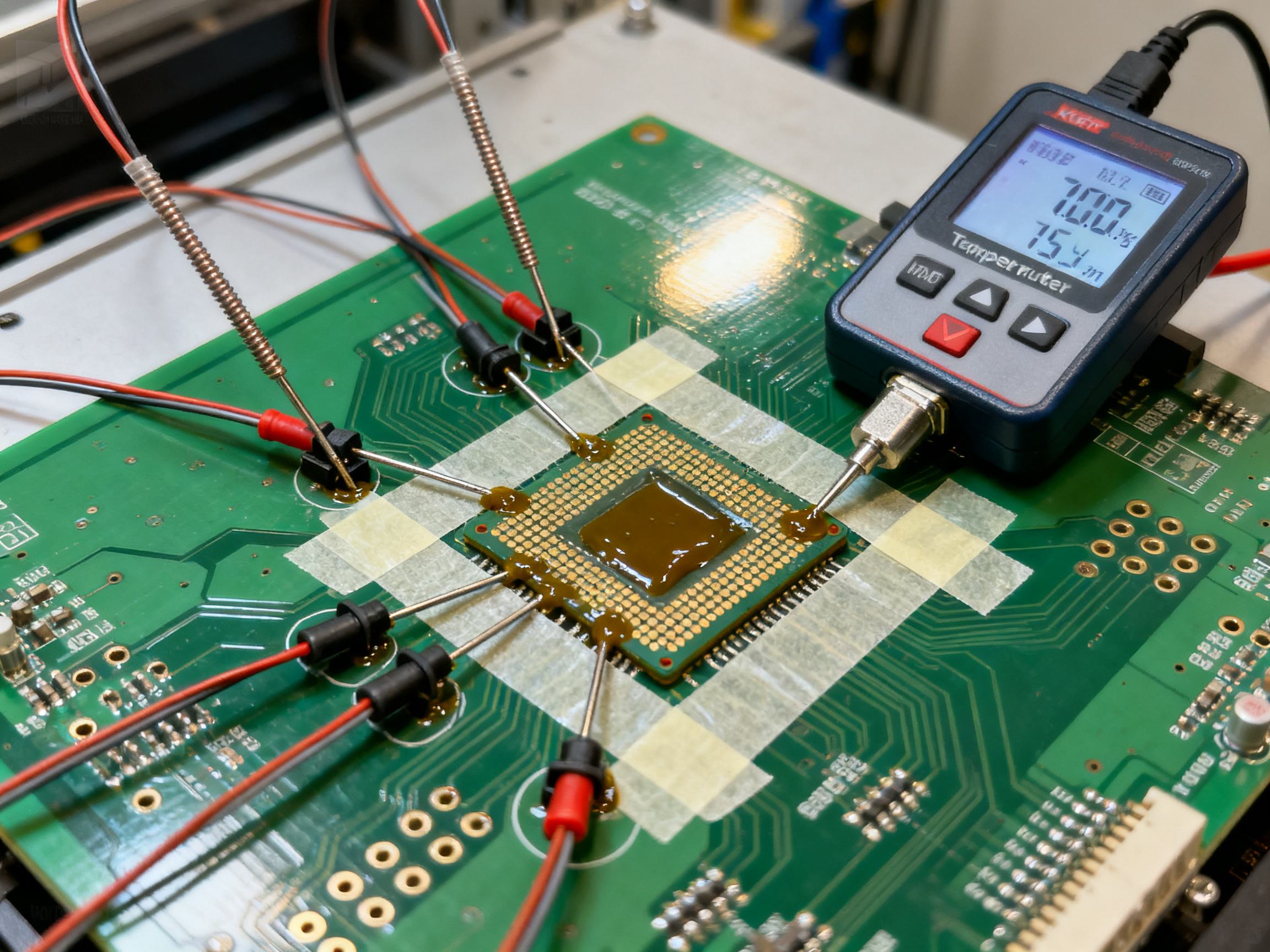 A close-up of a PCB being prepared for thermal profiling with K-type thermocouples attached.
