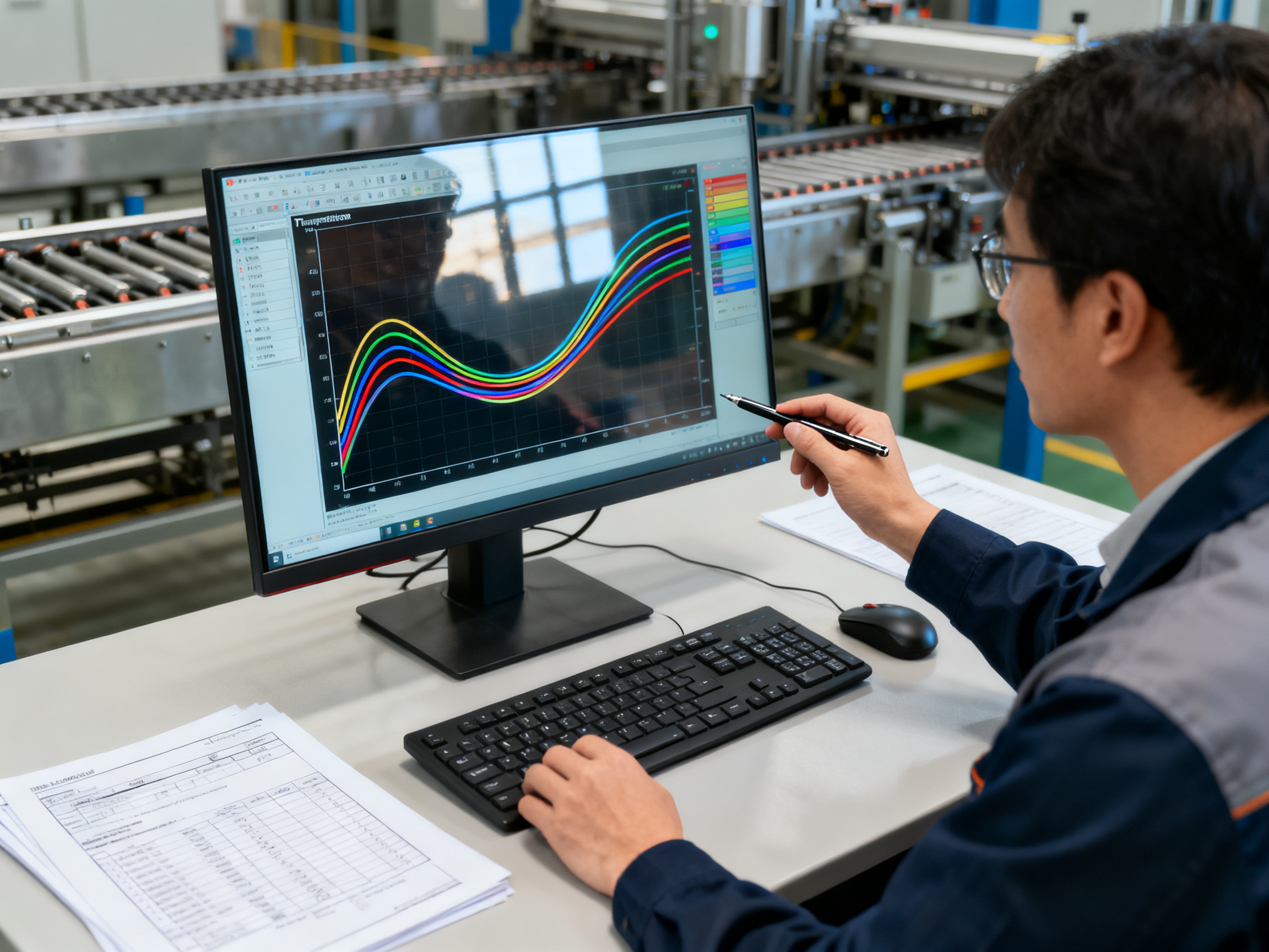 An engineer sitting at a workstation analyzing reflow profile data on a computer.