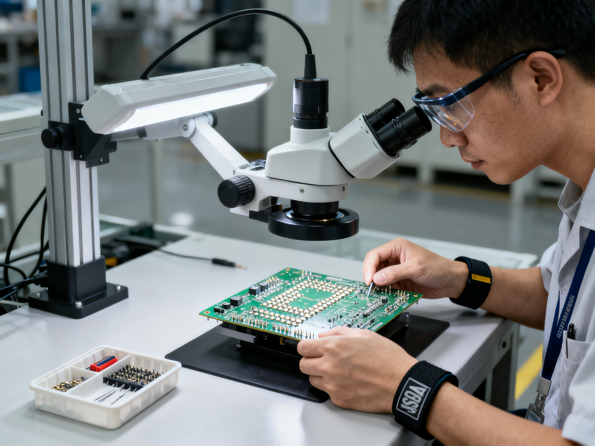 A quality engineer in an SMT factory examining assembled circuit boards under a desktop magnifier.