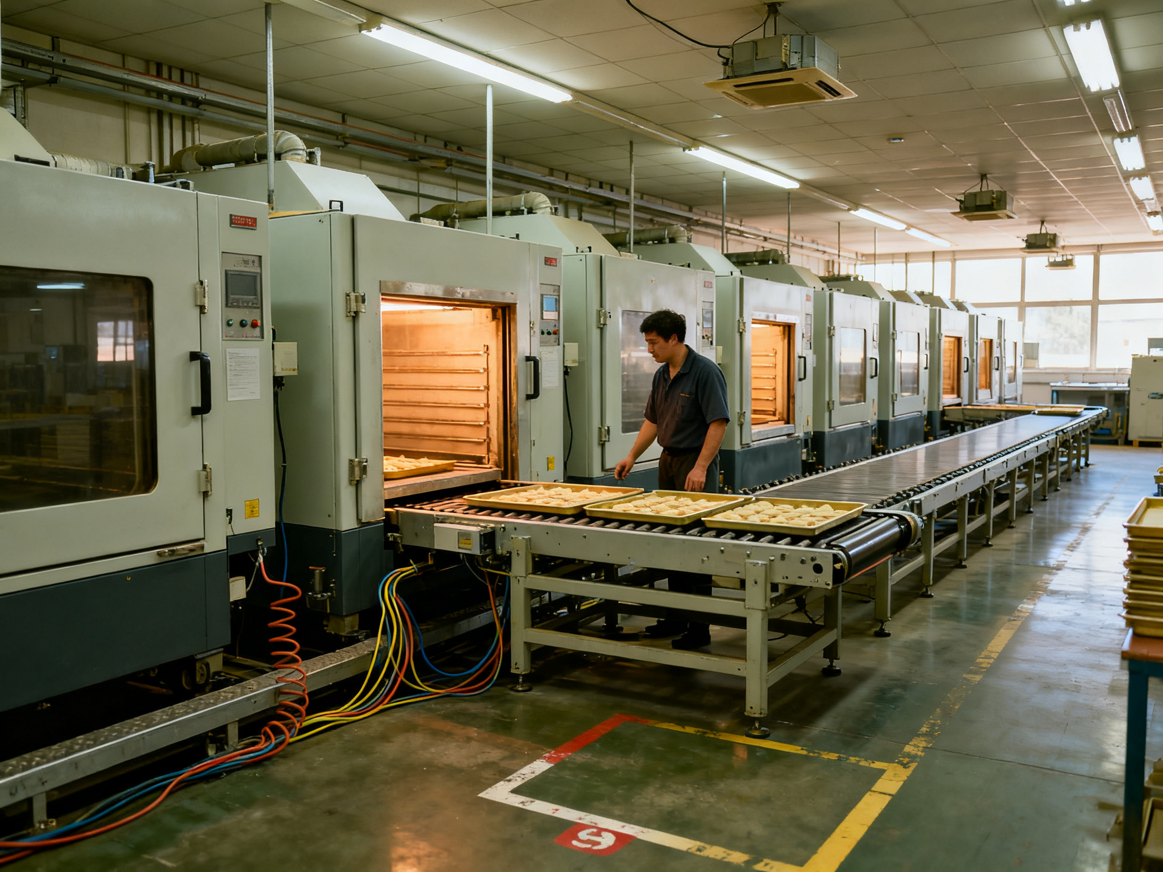 Mastering Curing Oven Temperature Profiles: Settings, Optimization, and Troubleshooting - S&M Co.Ltd A wide angle documentary view of an active electronics factory floor with SMT production equipment in operation.