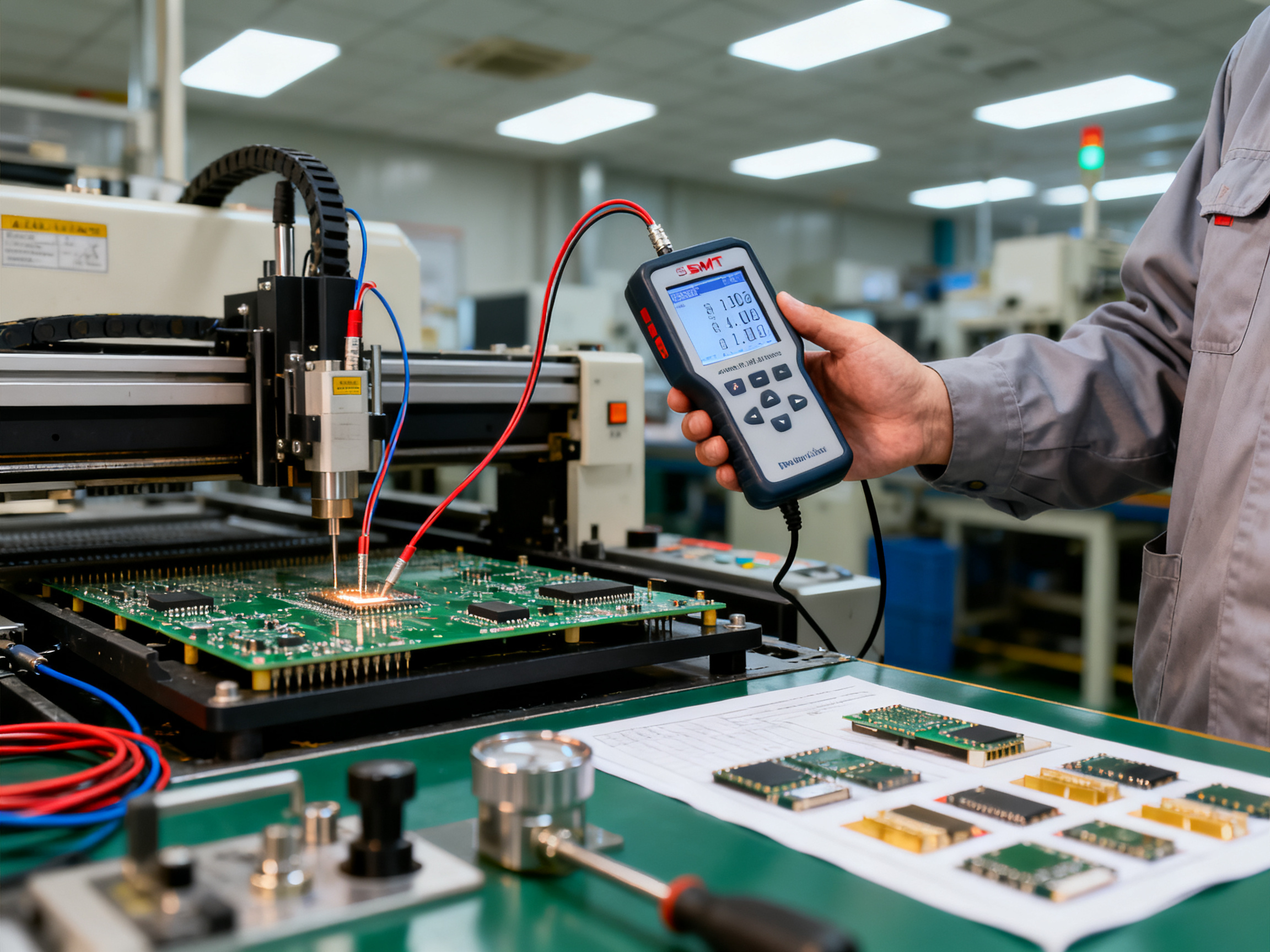 Mastering Curing Oven Temperature Profiles: Settings, Optimization, and Troubleshooting1 - S&M Co.Ltd A close up documentary view of an SMT engineer working at a production line with thermal profiling equipment.