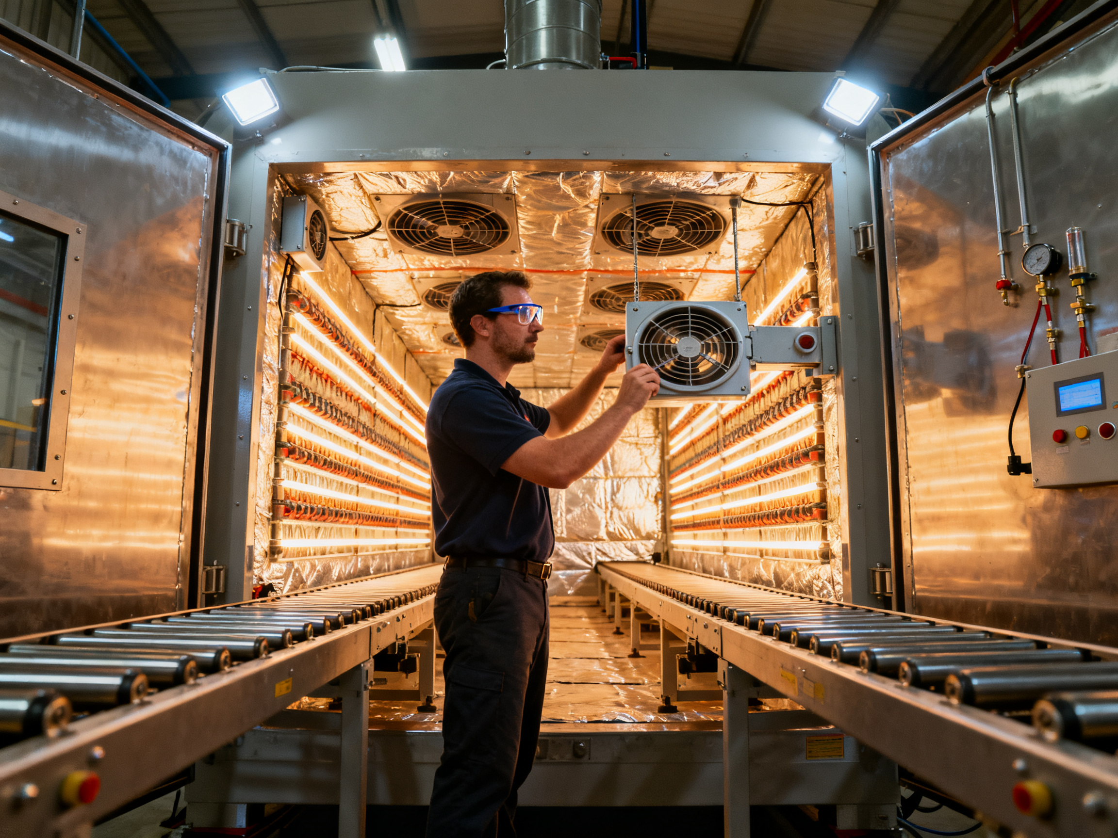 Mastering Curing Oven Temperature Profiles: Settings, Optimization, and Troubleshooting3 - S&M Co.Ltd An industrial factory maintenance setting with a technician performing preventive maintenance on curing oven equipment.