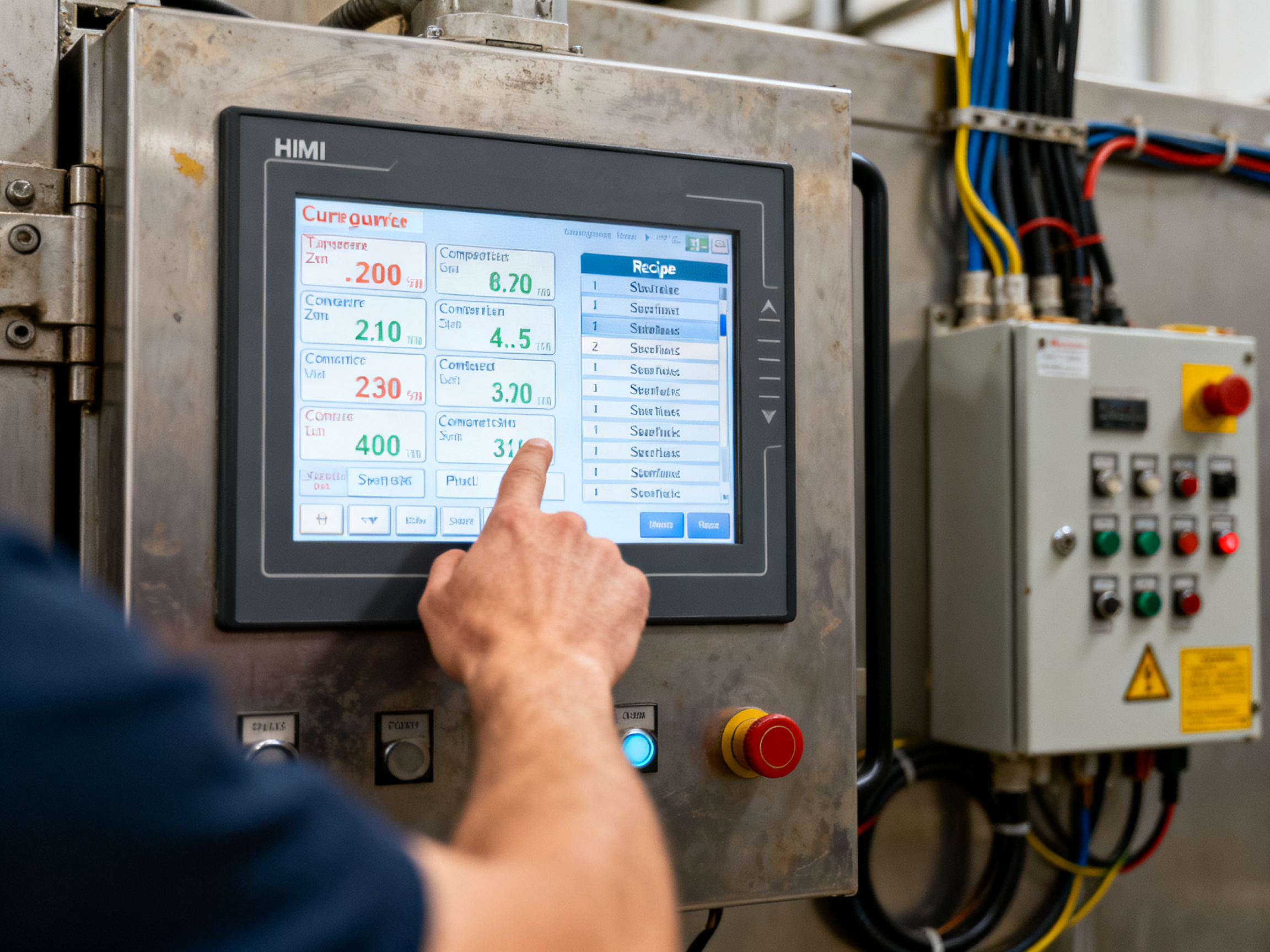 Mastering Curing Oven Temperature Profiles: Settings, Optimization, and Troubleshooting2 - S&M Co.Ltd A detailed view of a touchscreen HMI control panel on an industrial curing oven showing recipe management interface.