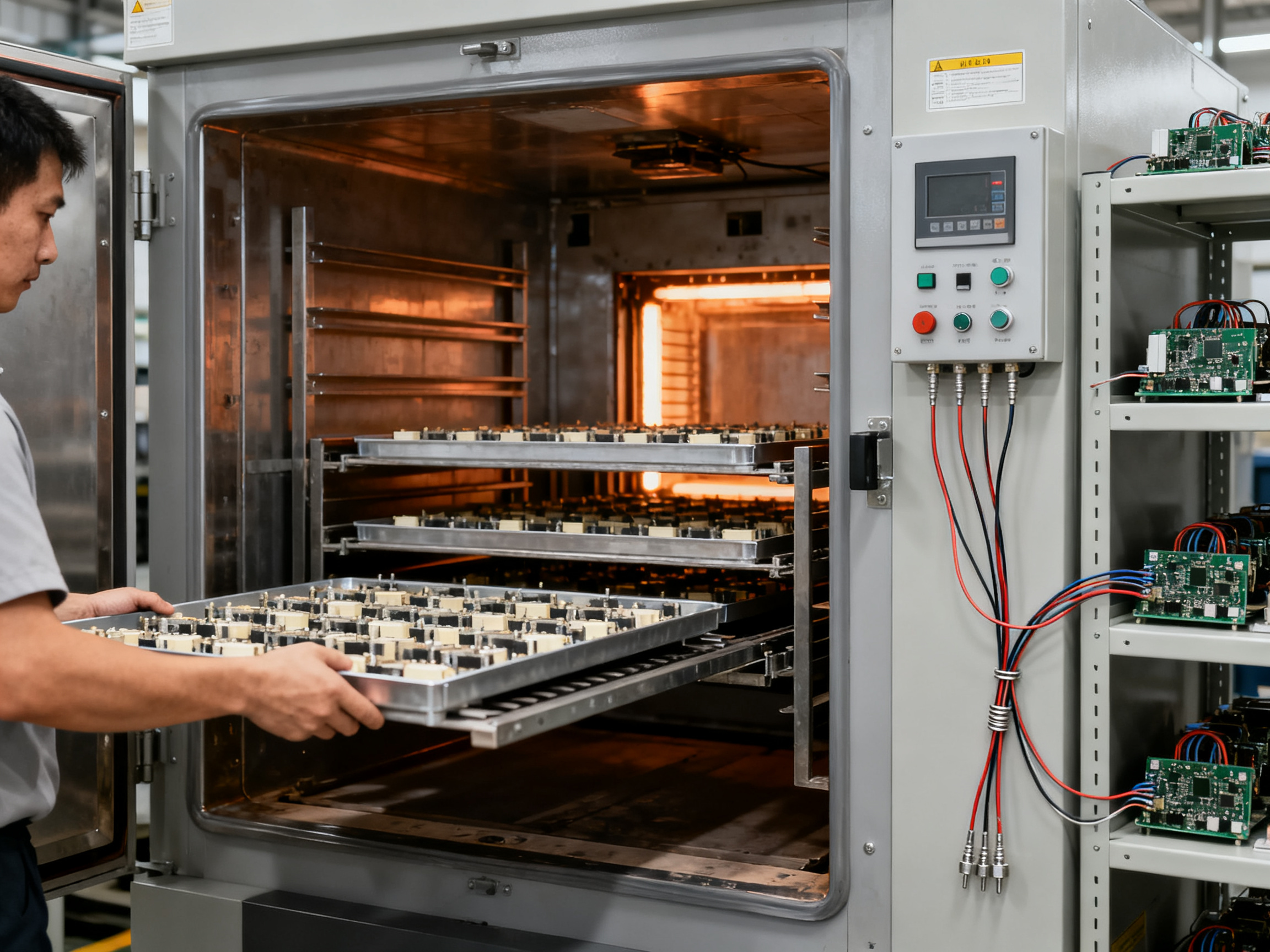 Interior documentary view of a batch industrial oven with component trays being loaded or unloaded.