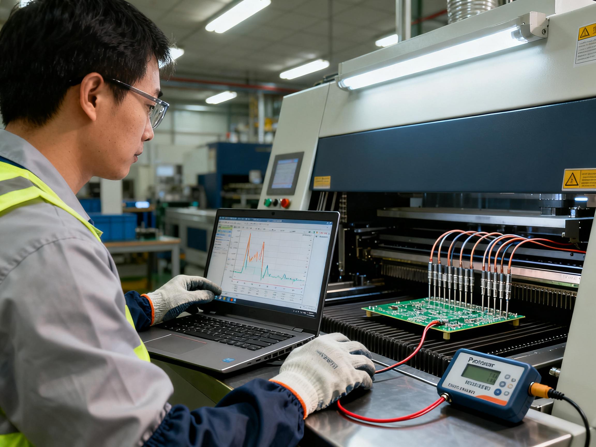 Process engineer validating thermal profile in an SMT factory, profiler data logging.