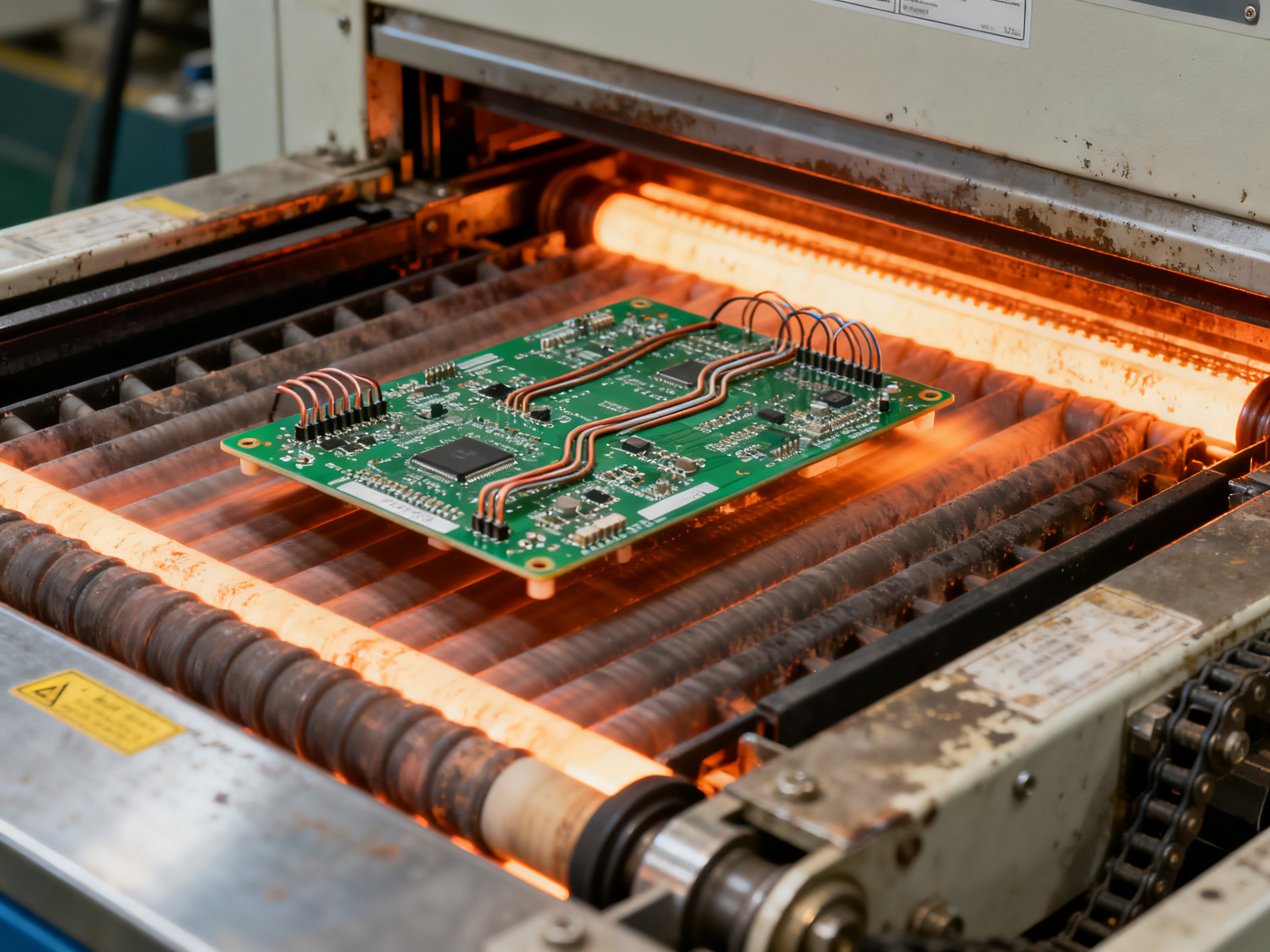 Close documentary view of a PCB on a conveyor belt moving through the heating zones.