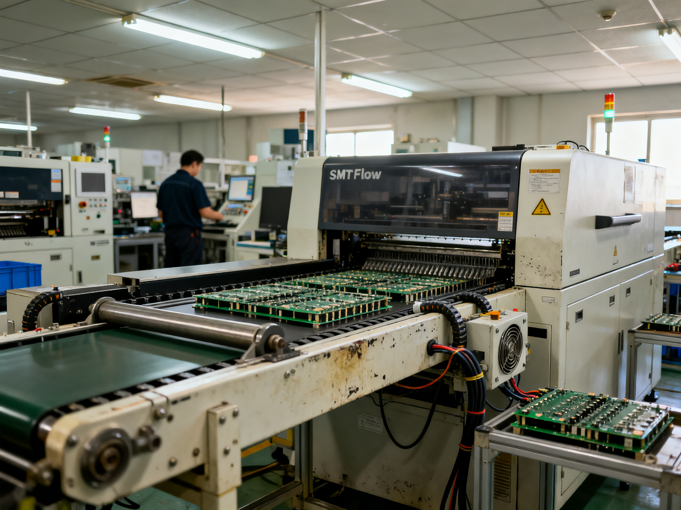 Wide documentary view of an SMT production line section with a conveyor reflow oven.