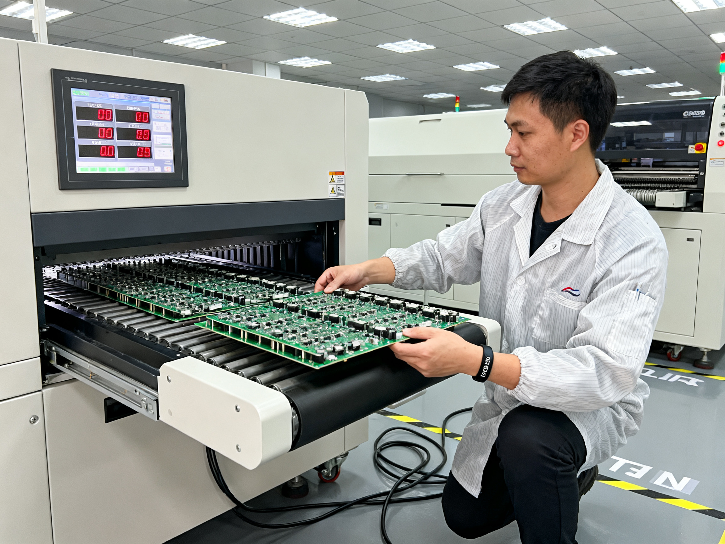 Reflow Oven Parameters and Temperature Profiles: Advanced Setup Guide3 - S&M Co.Ltd Medium shot from slight angle of a factory operator wearing esd safe apparel and.