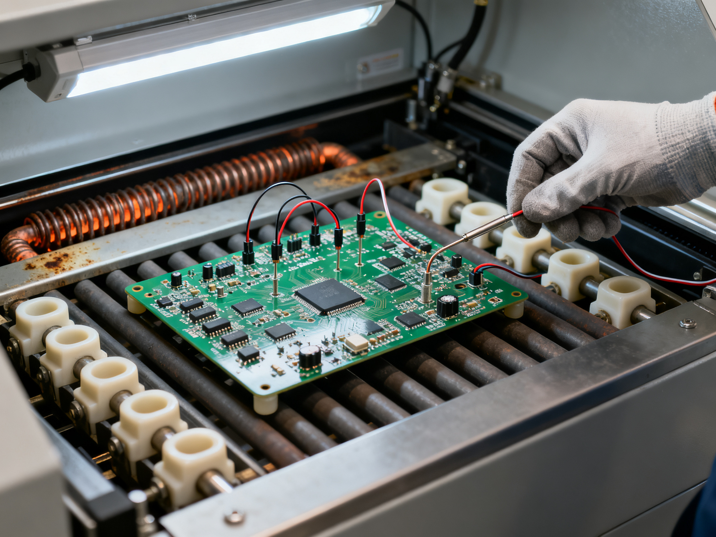 Reflow Oven Parameters and Temperature Profiles: Advanced Setup Guide1 - S&M Co.Ltd Close up overhead view of a thermocouple profiling setup on a populated pcb board.