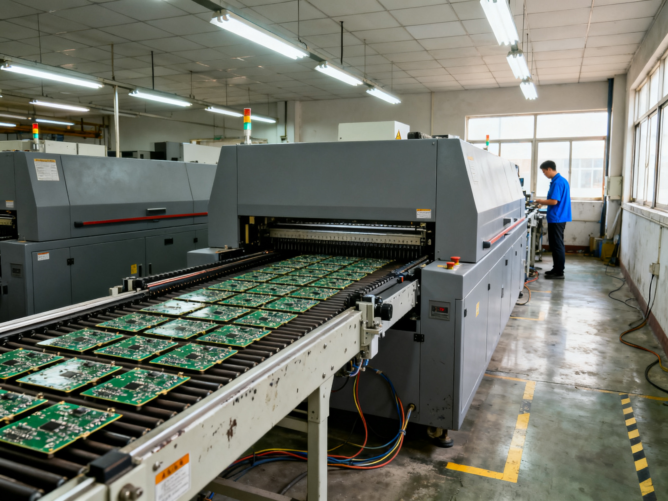 Reflow Oven Parameters and Temperature Profiles: Advanced Setup Guide - S&M Co.Ltd Medium shot down an electronics assembly line showing a reflow oven in the middle.