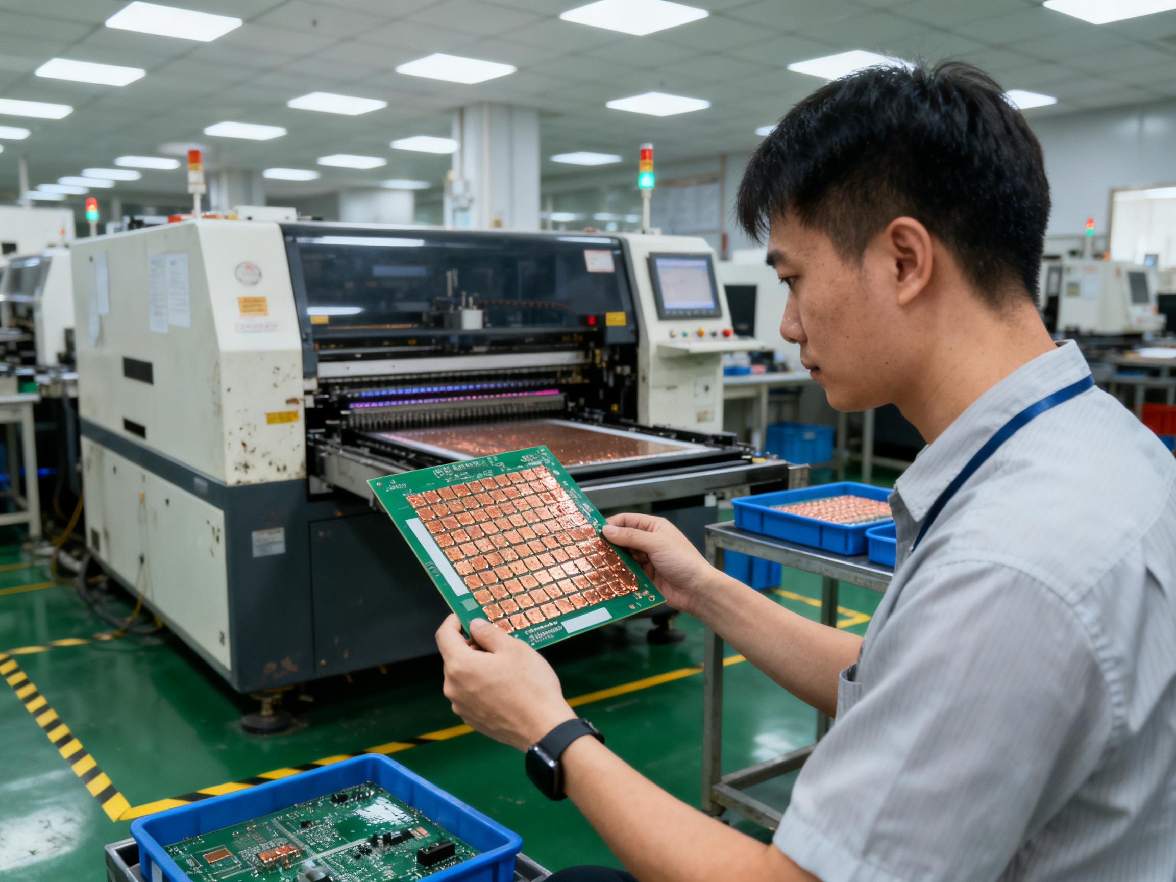 Solder Joint Quality and Reliability: Best Practices and Expert Insights - S&M Co.Ltd SMT paste printing station in an electronics factory engineer reviewing board af.