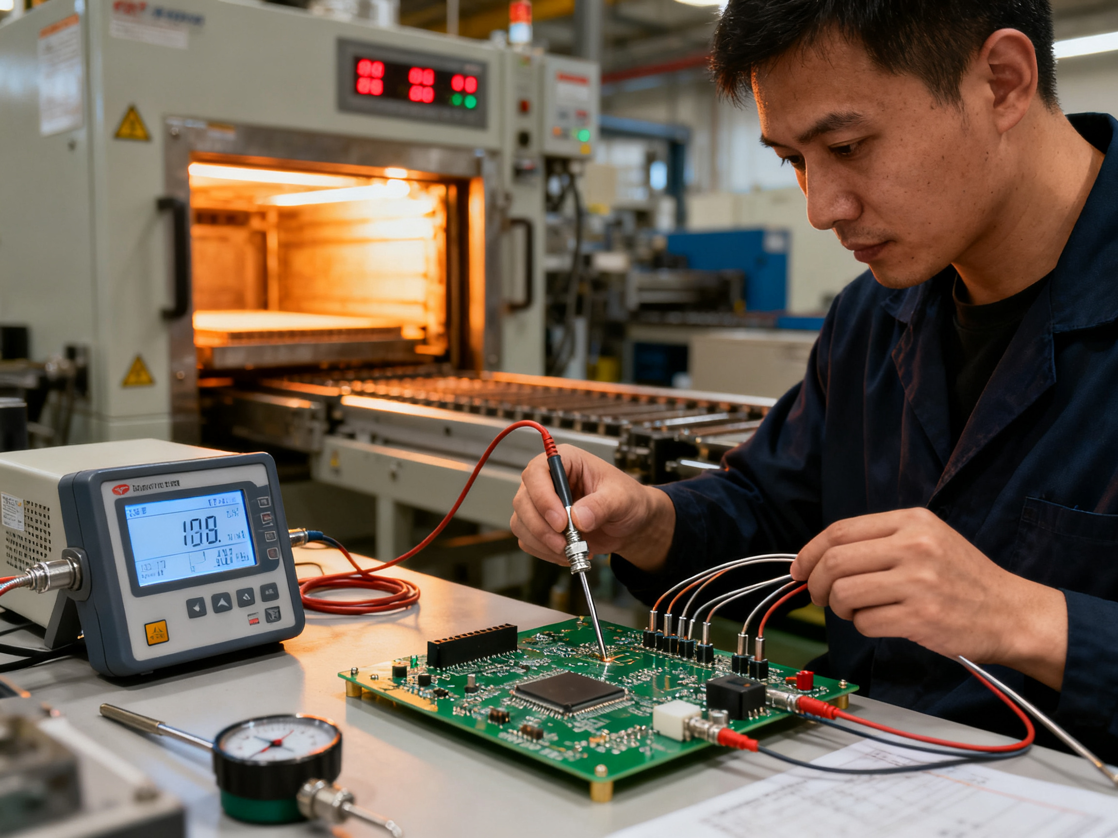Solder Joint Quality and Reliability: Best Practices and Expert Insights1 - S&M Co.Ltd Reflow oven thermal profiling in an SMT factory engineer with thermocouples atta.