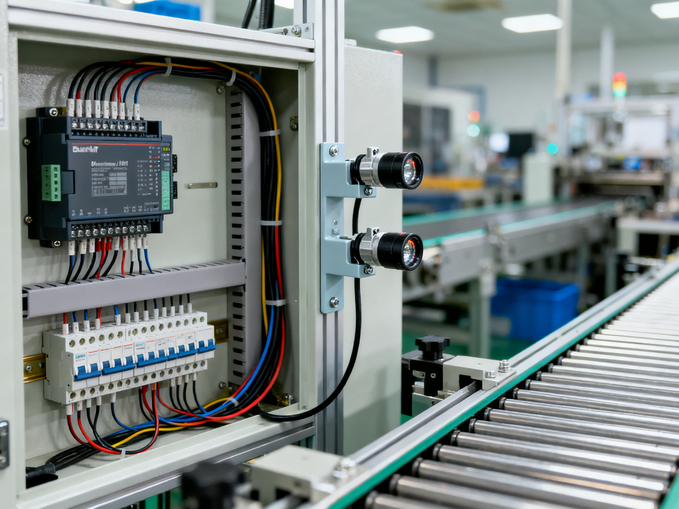 Close up documentary photograph of an SMT buffer conveyor control cabinet and sensor interface.