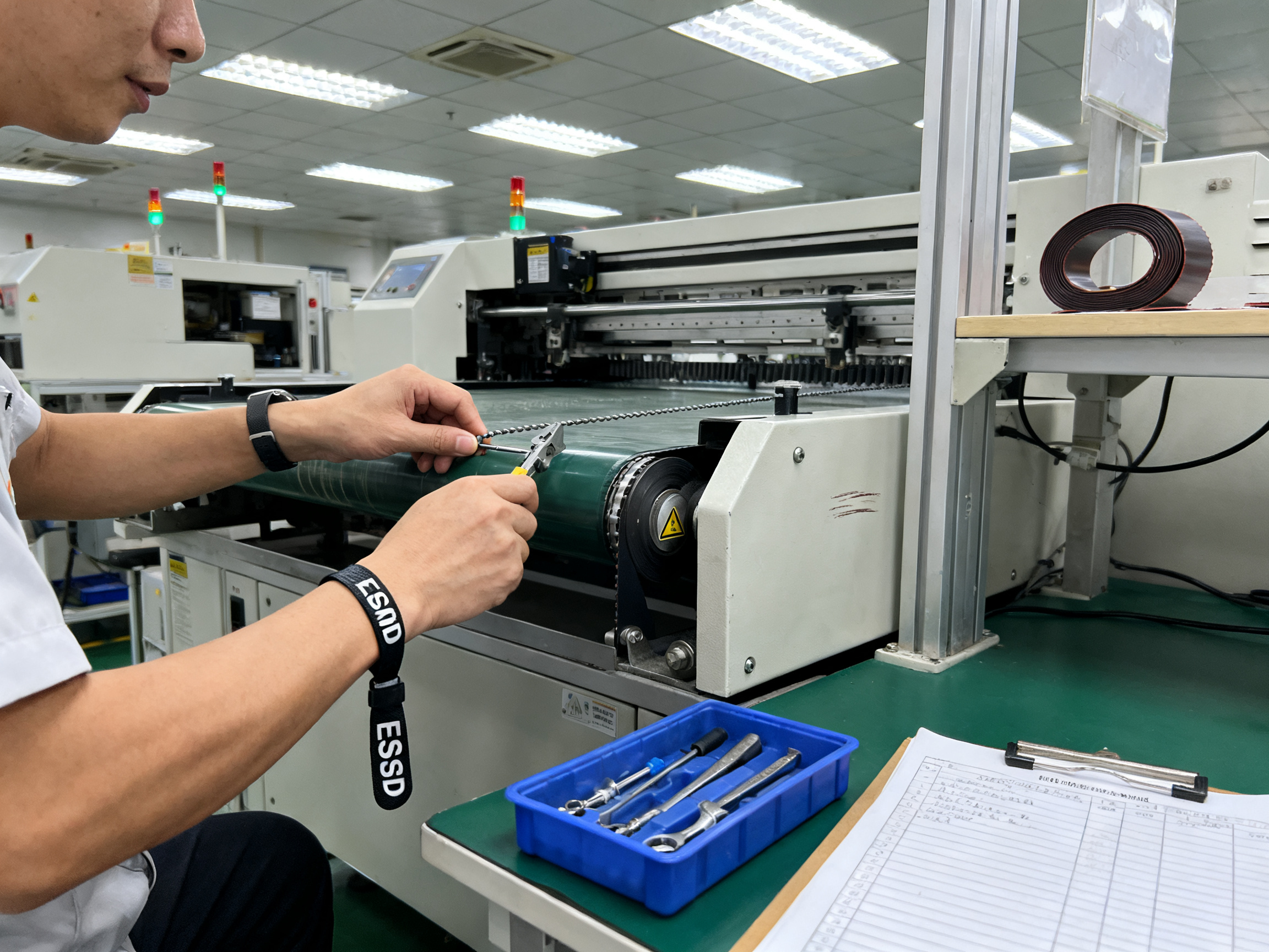 Low angle documentary photograph of an SMT operator performing routine maintenance on conveyor equipment.
