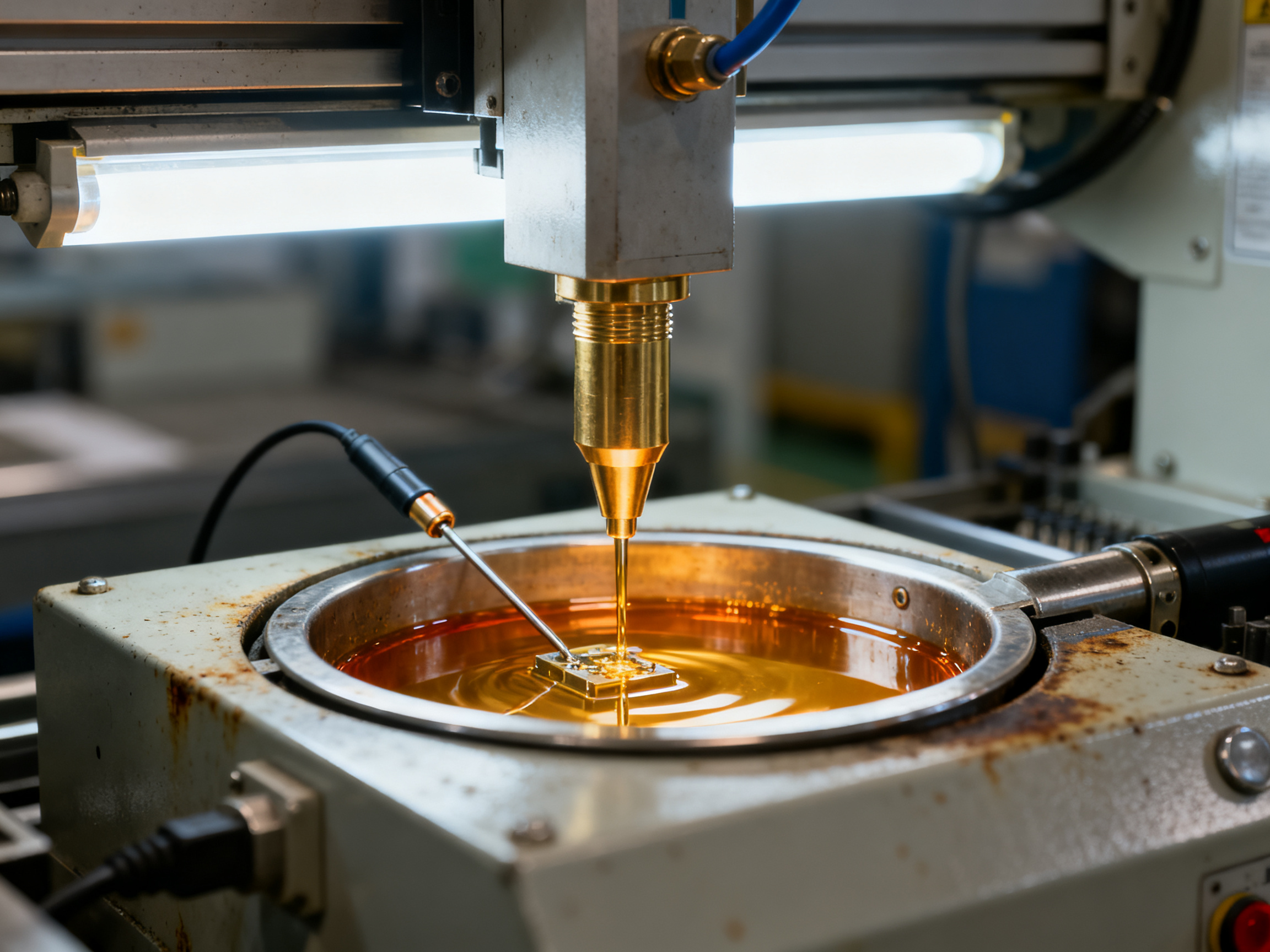 The Ultimate Guide to Selective Soldering Machines: Components, Nozzles, and Materials1 - S&M Co.Ltd Close up of selective soldering nozzle and solder pot assembly with brass nozzle immersed in solder.