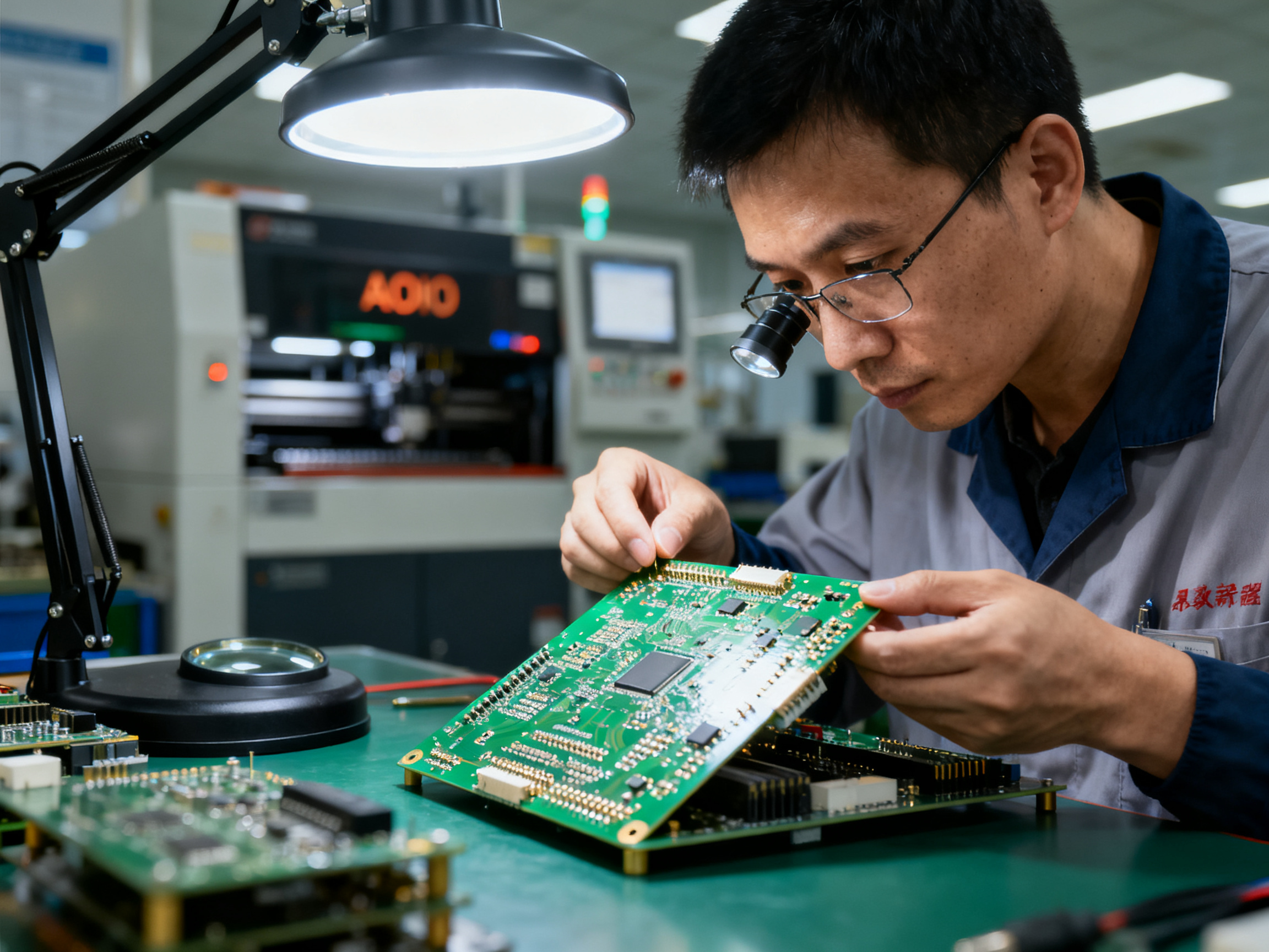 The Ultimate Guide to Selective Soldering Machines: Components, Nozzles, and Materials2 - S&M Co.Ltd Electronics manufacturing engineer inspecting freshly soldered PCB under overhead lighting in production facility.