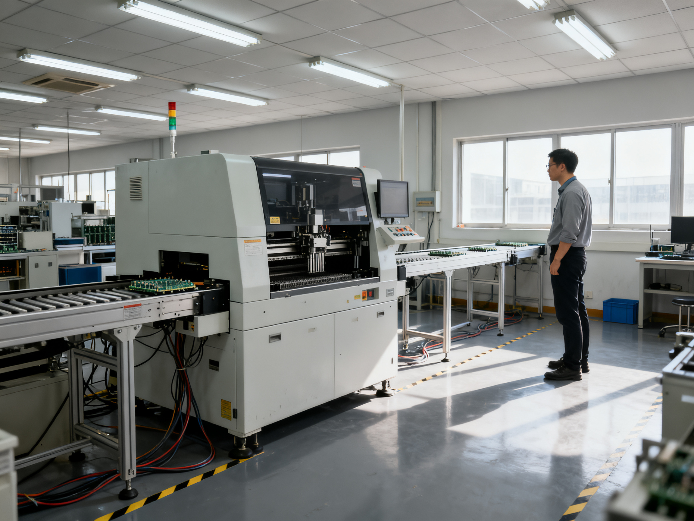Selective Soldering: The Complete 2026 Guide to Process, Machines, and Techniques - S&M Co.Ltd Electronics factory floor with selective soldering machine in mid ground engineering setup.