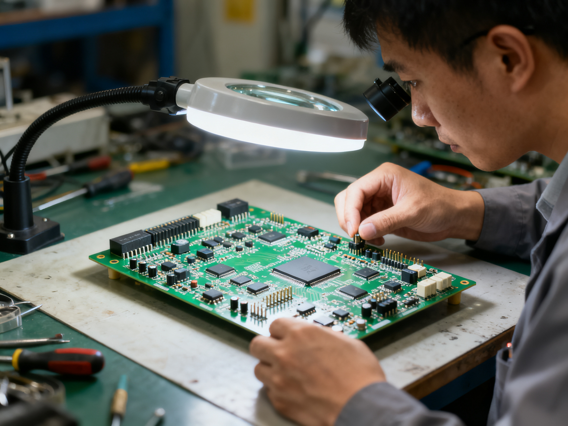 Selective Soldering: The Complete 2026 Guide to Process, Machines, and Techniques3 - S&M Co.Ltd Engineer examining a PCB circuit board under inspection light in electronics facility.