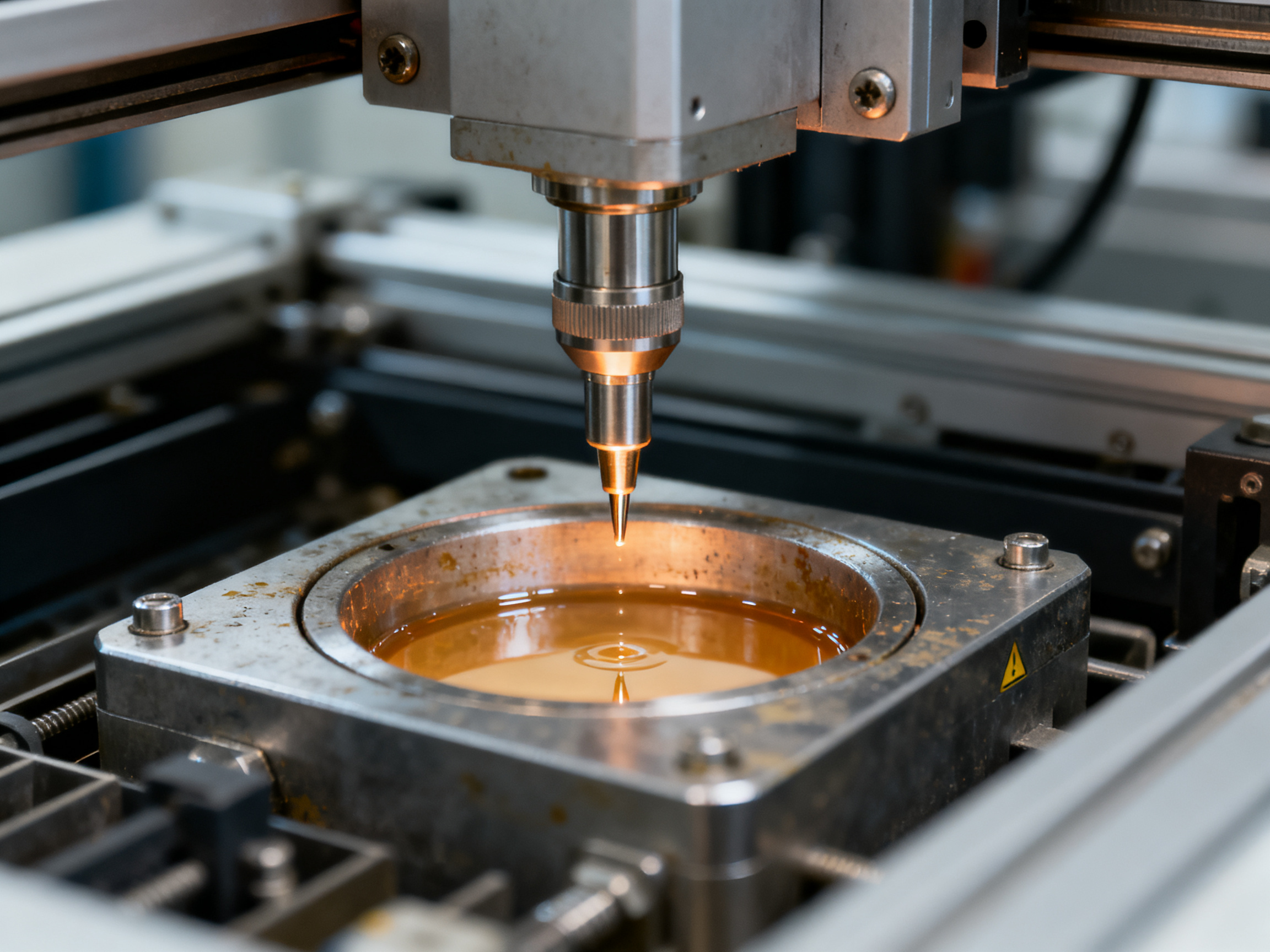 Selective Soldering: The Complete 2026 Guide to Process, Machines, and Techniques1 - S&M Co.Ltd Selective soldering machine solder nozzle and molten solder pot area close up detail.