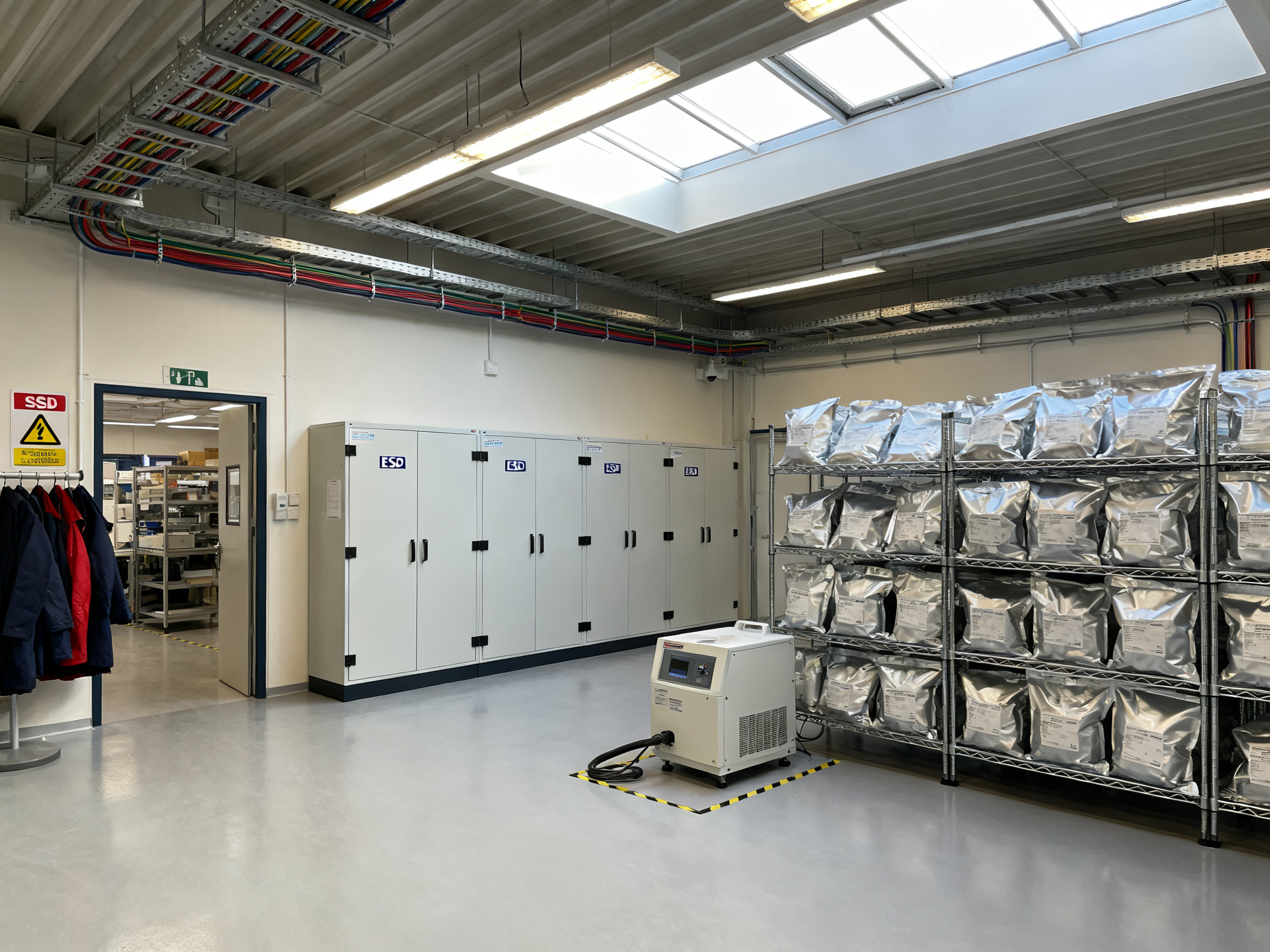 PCB Handling and Storage for Production: ESD Safety, Equipment, IPC Standards, and Baking Guide - S&M Co.Ltd Wide angle documentary photograph of an electronics factory stockroom showing es.