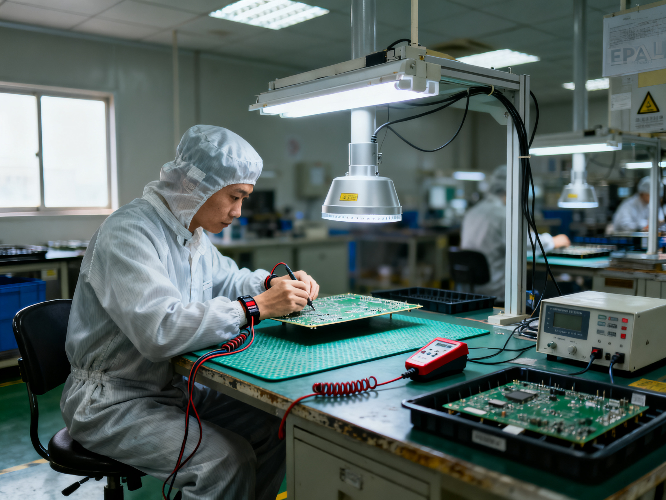 PCB Handling and Storage for Production: ESD Safety, Equipment, IPC Standards, and Baking Guide1 - S&M Co.Ltd Medium shot of an esd protected workstation inside a factory epa zone an operato.