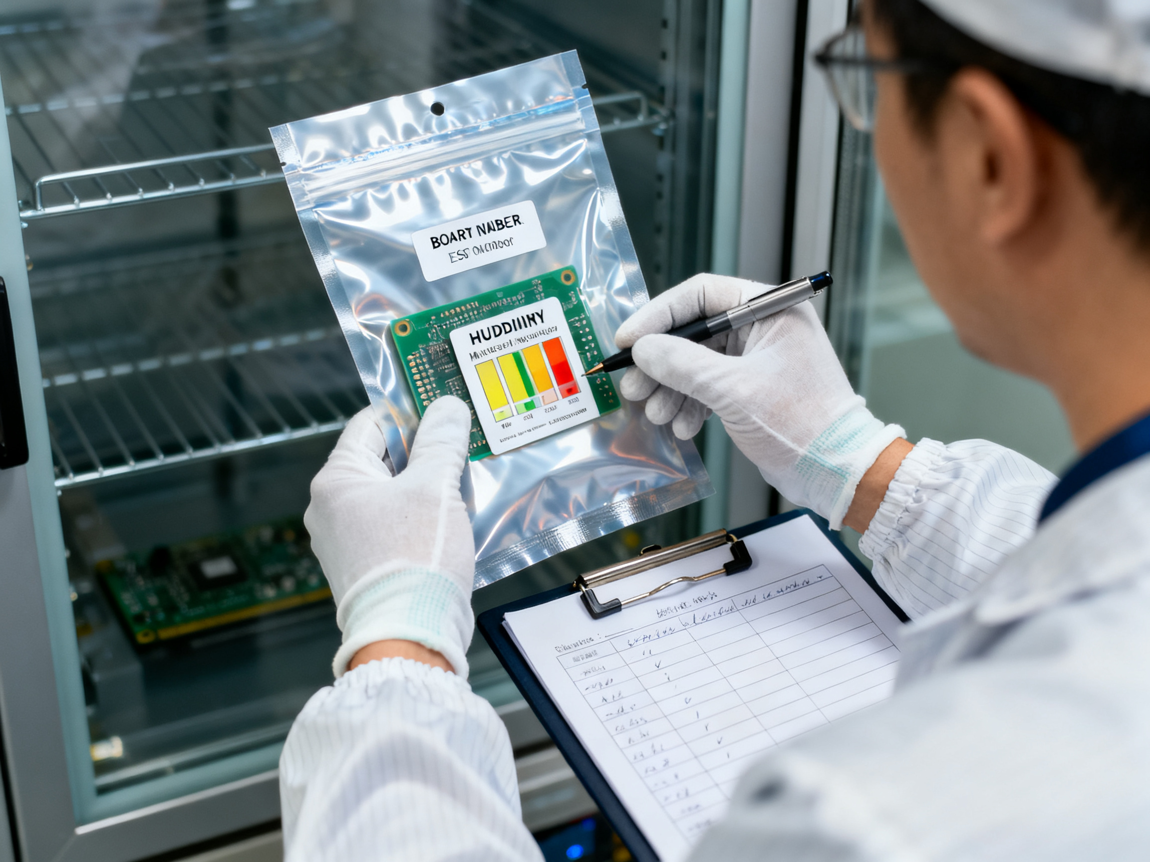 PCB Handling and Storage for Production: ESD Safety, Equipment, IPC Standards, and Baking Guide3 - S&M Co.Ltd Close up documentary view of an engineer reading a humidity indicator card insid.