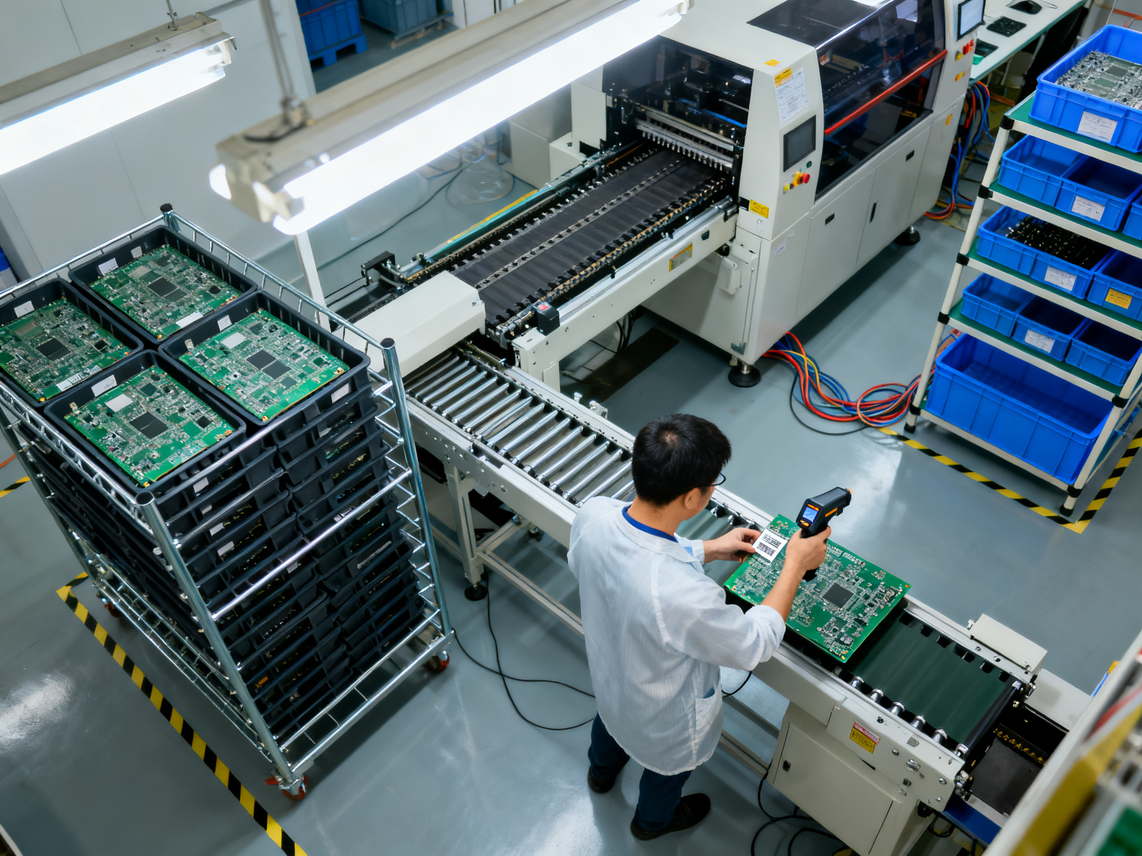 PCB Handling and Storage for Production: ESD Safety, Equipment, IPC Standards, and Baking Guide2 - S&M Co.Ltd Overhead angled documentary photograph of an smt line magazine rack and loader s.