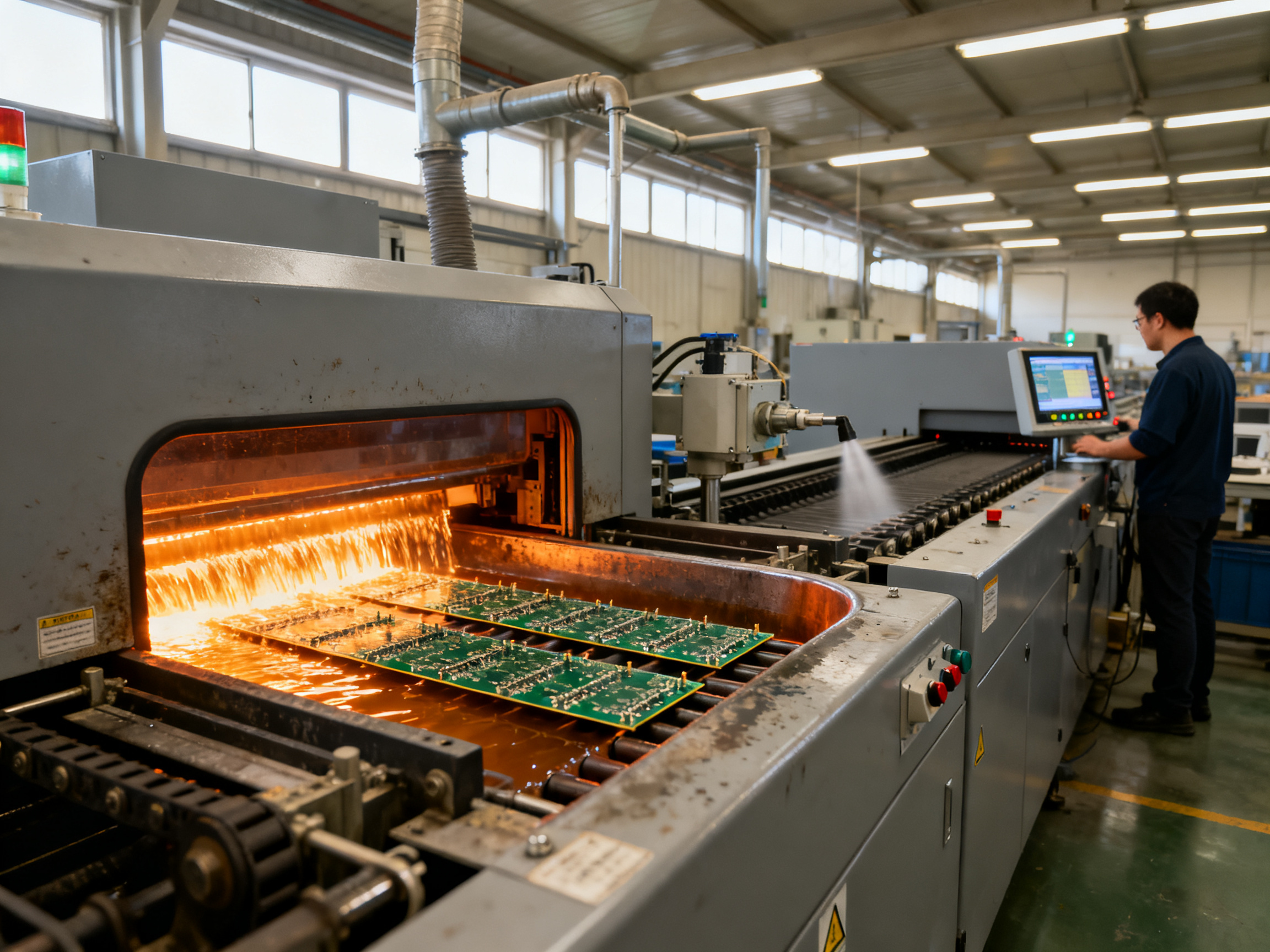 Wave Soldering vs Selective Soldering: Key Differences and How to Choose - S&M Co.Ltd Electronics factory floor with wave soldering machine in mid production pcb travel.