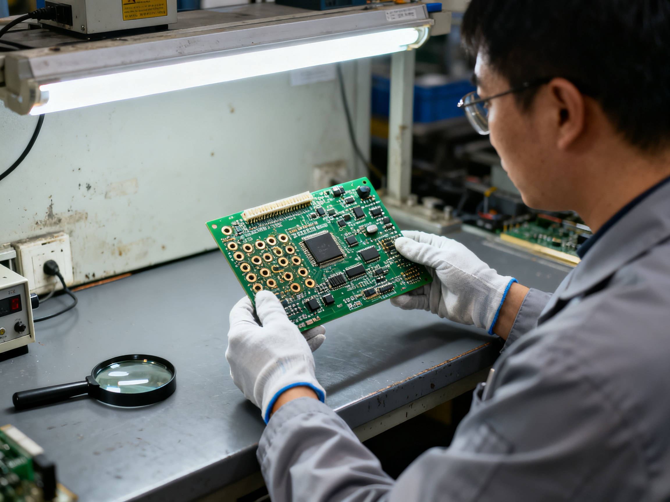 Wave Soldering vs Selective Soldering: Key Differences and How to Choose3 - S&M Co.Ltd Quality control engineer examining soldered pcb under bright bench light finishe.