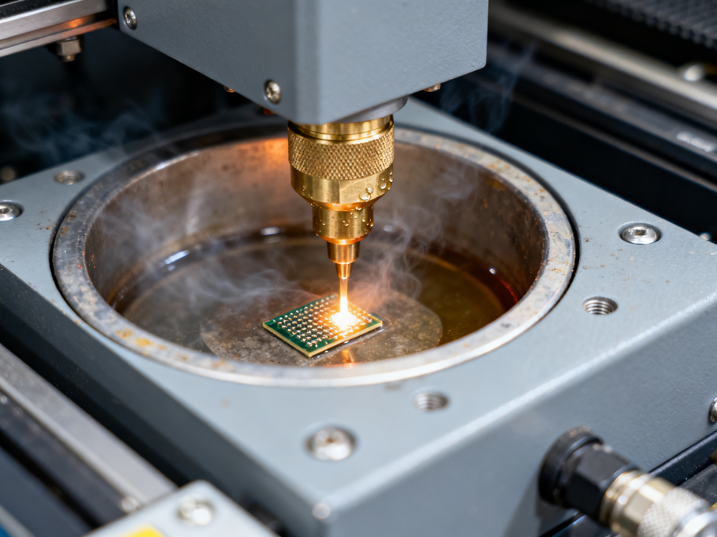Selective Wave Soldering: The Complete Guide for Electronics Manufacturers3 - S&M Co.Ltd A close-up detail shot of a solder pot and programmable nozzle assembly on a selective wave soldering machine showing the precision engineering of the equipment.