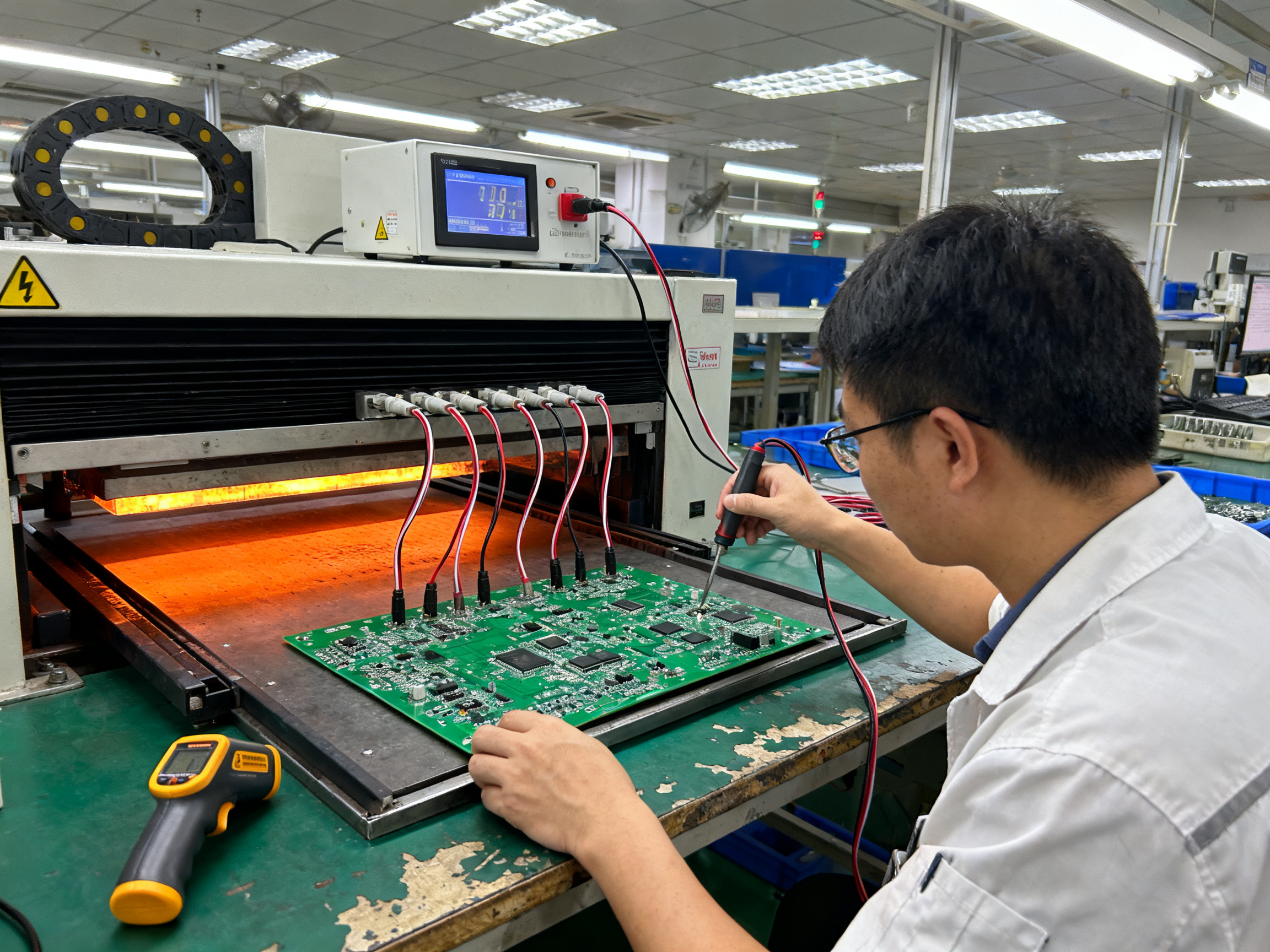 Selective Wave Soldering: The Complete Guide for Electronics Manufacturers1 - S&M Co.Ltd An engineer using thermal profiling equipment in an electronics factory with a thermocouple attached to a circuit board.
