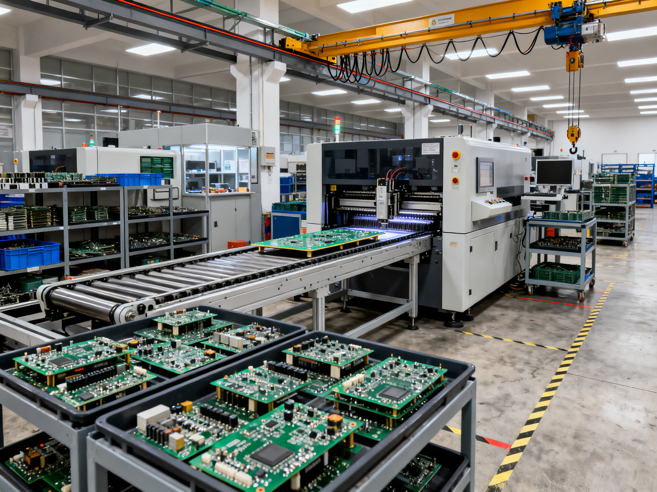 Selective Wave Soldering: The Complete Guide for Electronics Manufacturers2 - S&M Co.Ltd A wide shot of a production line section showing a selective soldering machine positioned between other manufacturing equipment in an electronics factory.