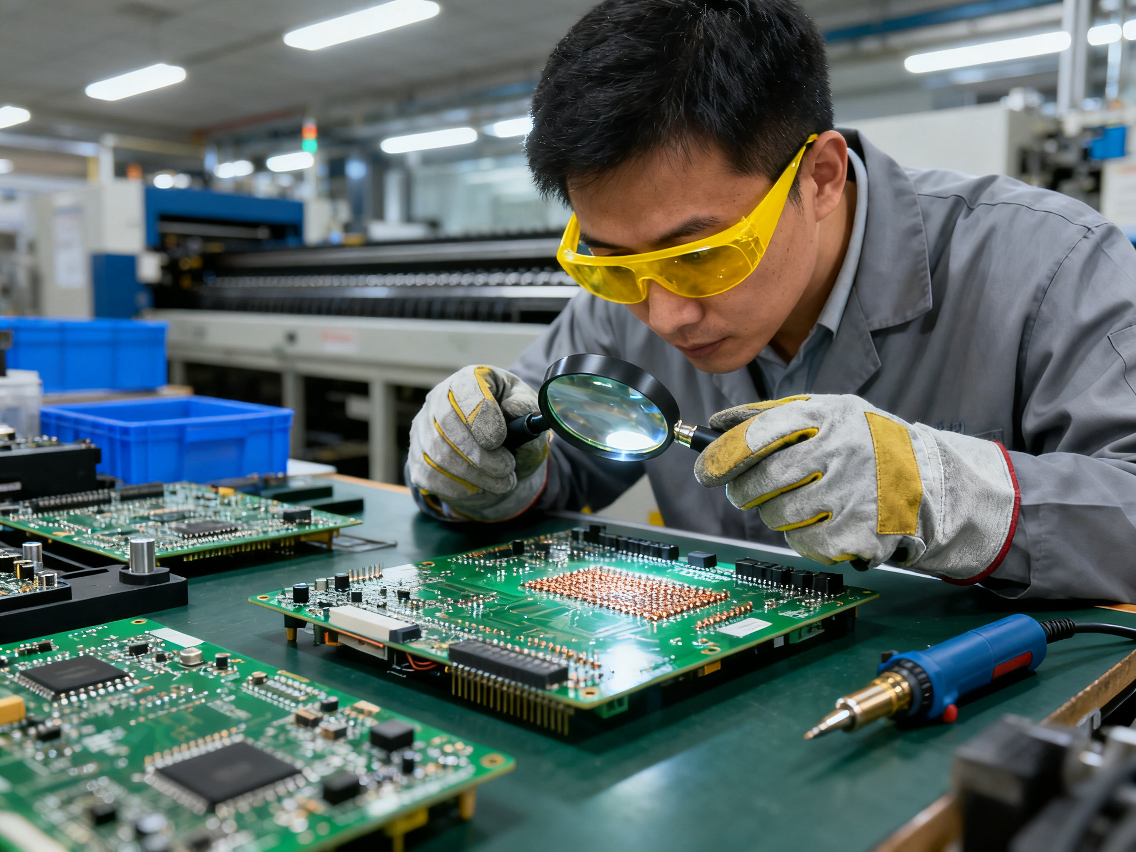 The Complete Guide to Wave Soldering Machine Setup: Step-by-Step Instructions2 - S&M Co.Ltd Factory workbench with finished PCBs after wave soldering operator wearing yellow.