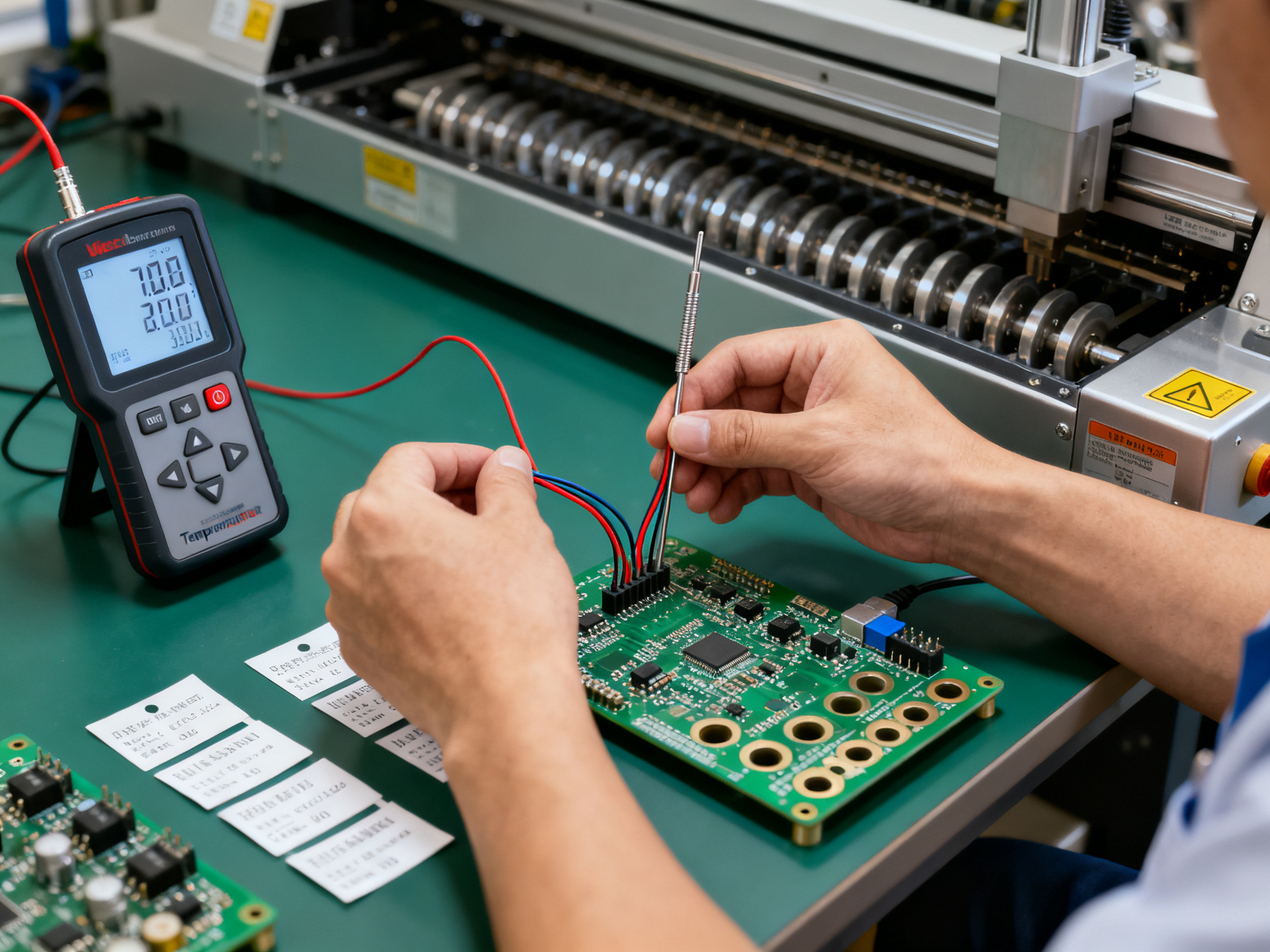 The Complete Guide to Wave Soldering Machine Setup: Step-by-Step Instructions1 - S&M Co.Ltd Close up documentary scene of an engineer placing thermocouple wires onto a PCB.