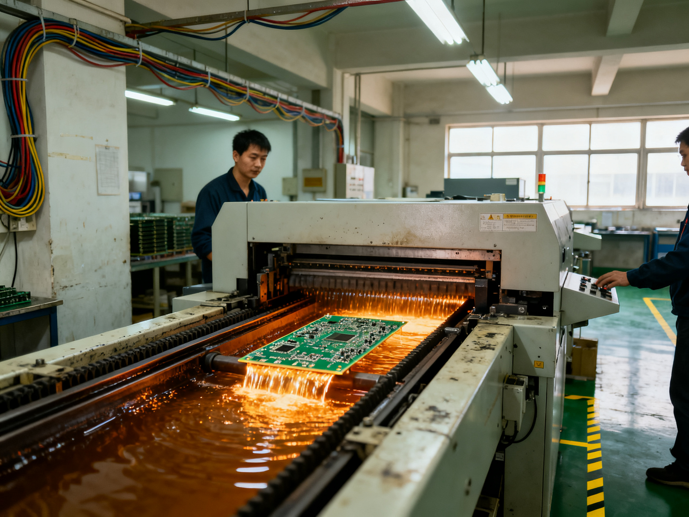 The Complete Guide to Wave Soldering Machine Setup: Step-by-Step Instructions - S&M Co.Ltd Electronics assembly line chest height view of a wave soldering machine in operation.
