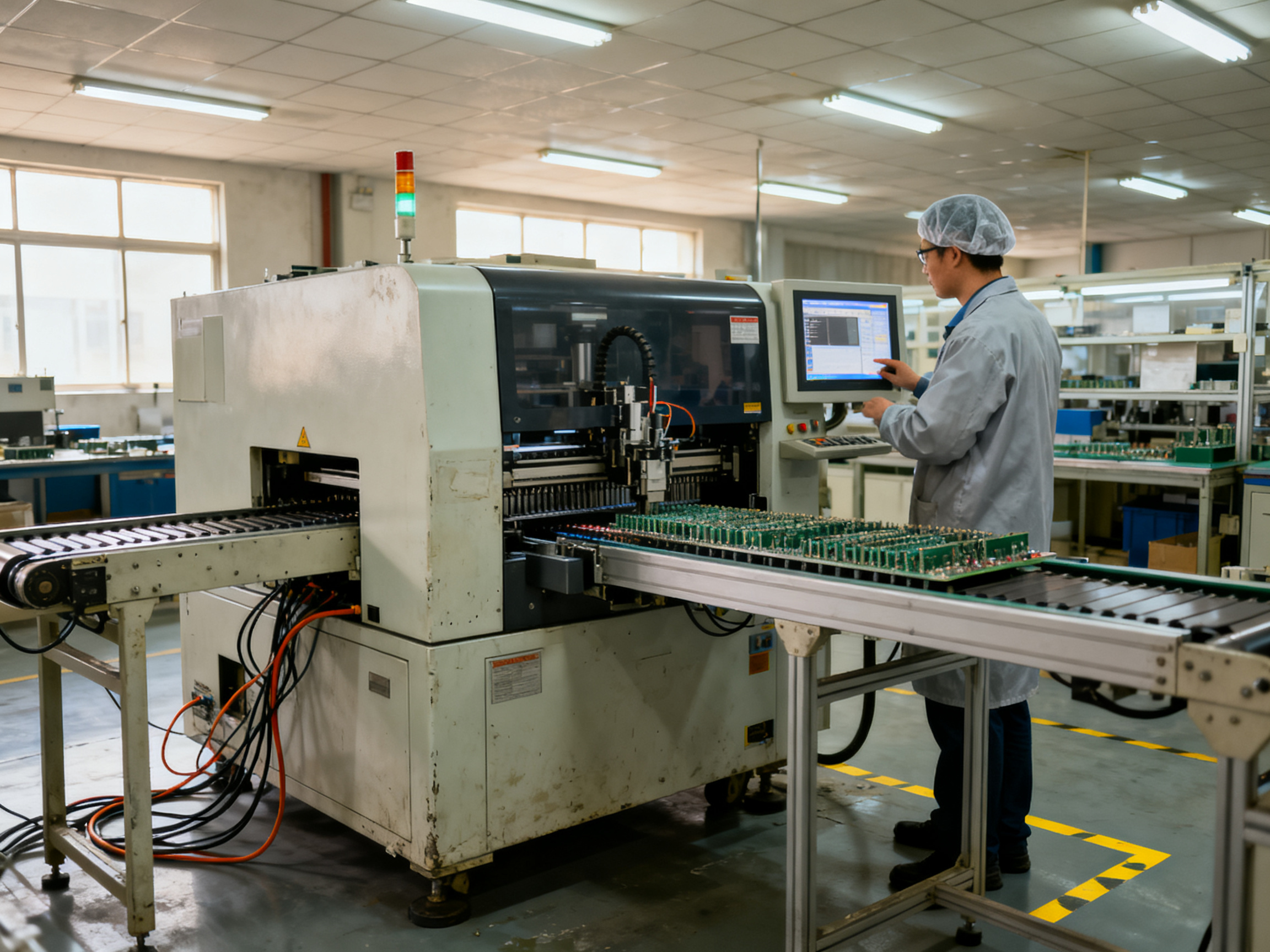 Industrial documentary photograph of a selective soldering machine in an ordinary factory setting.