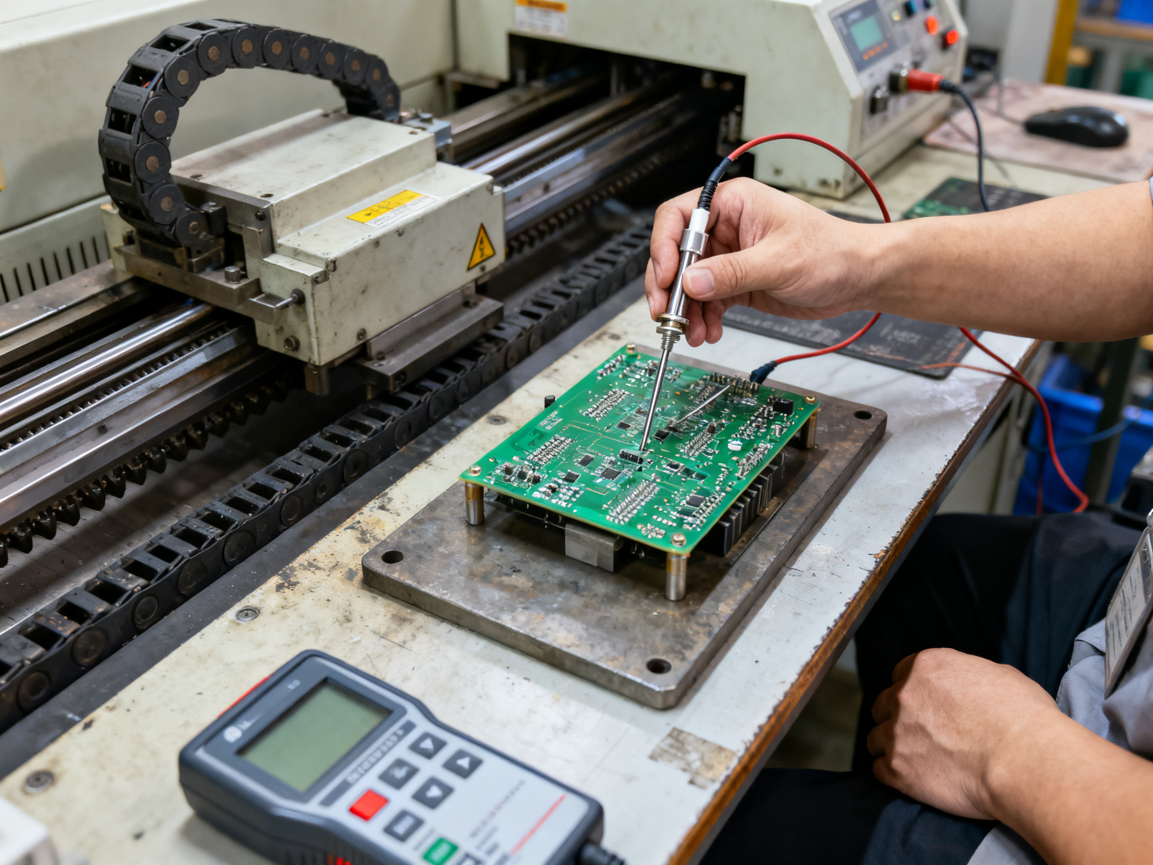 What Is Wave Soldering? Complete Process, Machine Setup, Profiling, and Applications Guide2 - S&M Co.Ltd Close up industrial documentary photography of technician adjusting thermocouple attachment.