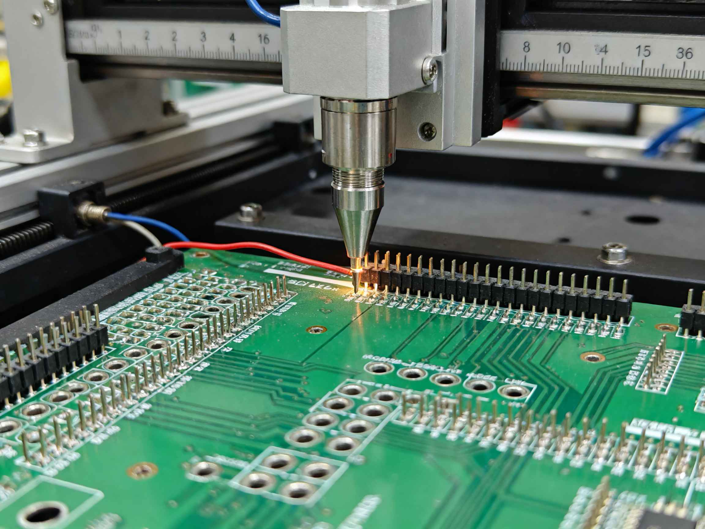 Close documentary view of a selective soldering nozzle positioned over a PCB assembly.