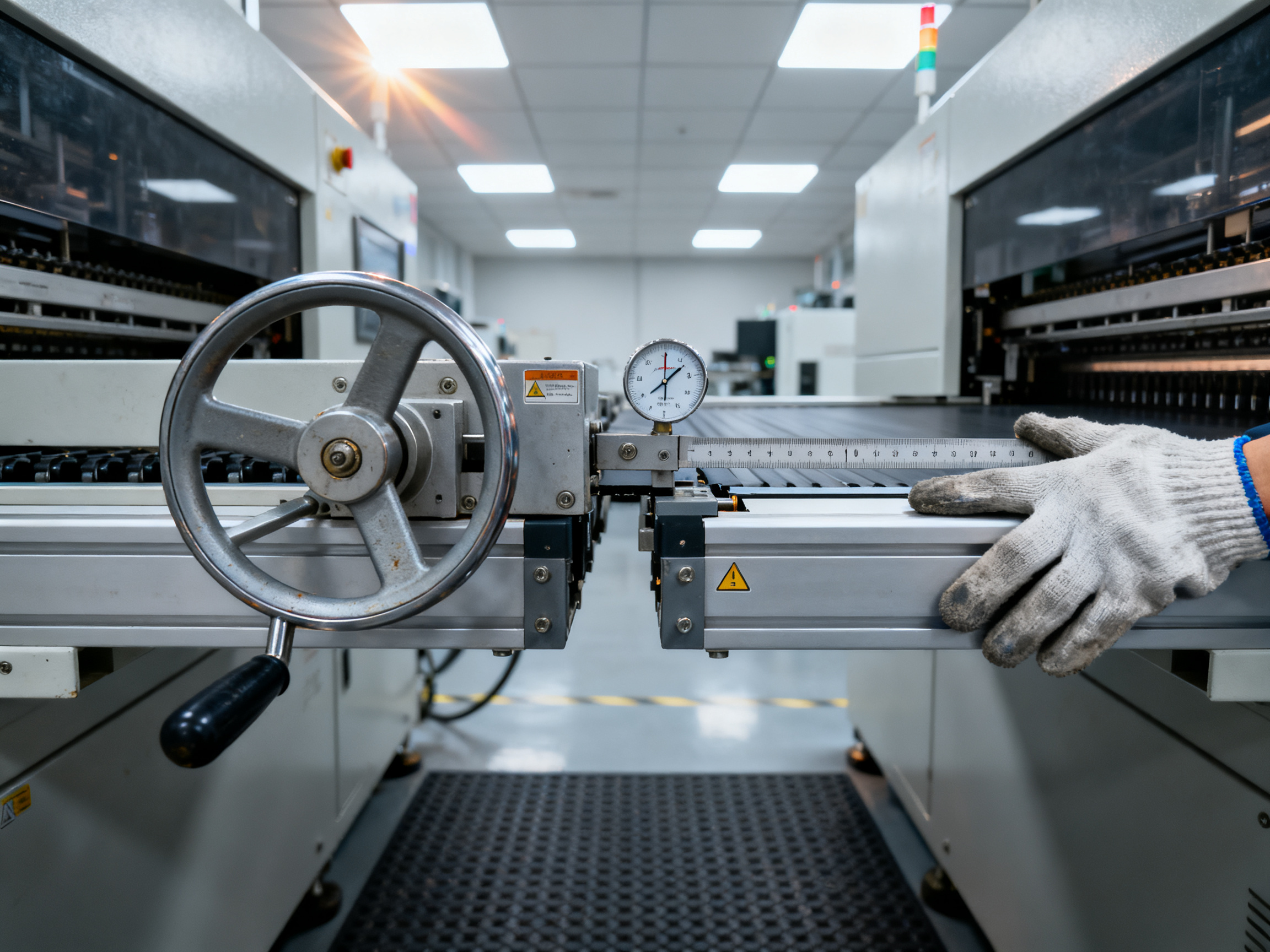 How to Set Up Automated PCB Material Handling in an SMT Production Line1 - S&M Co.Ltd Close up documentary photograph smt conveyor transfer point between two machines.