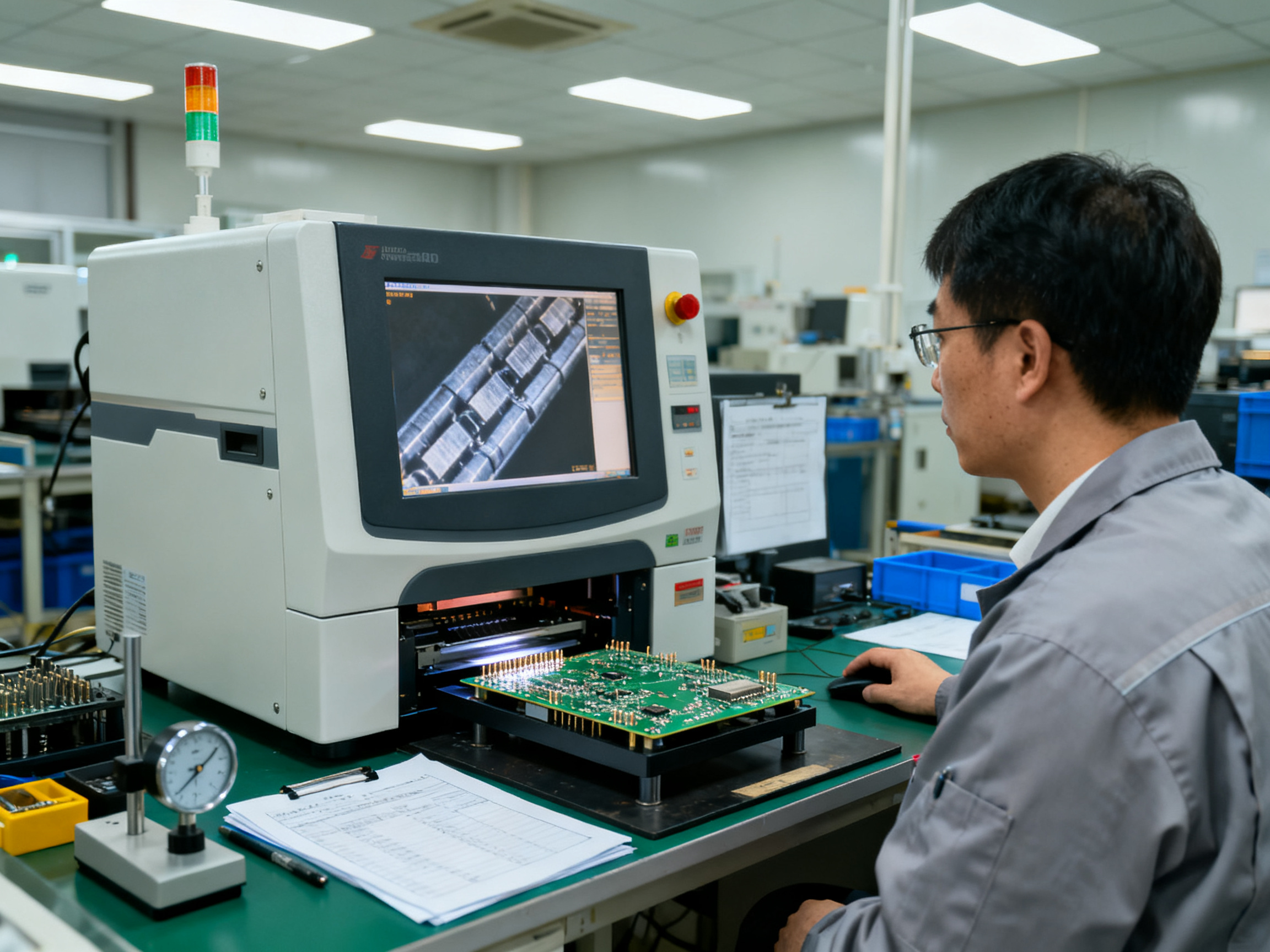 Engineering validation scene in an SMT factory showing X-ray inspection equipment.