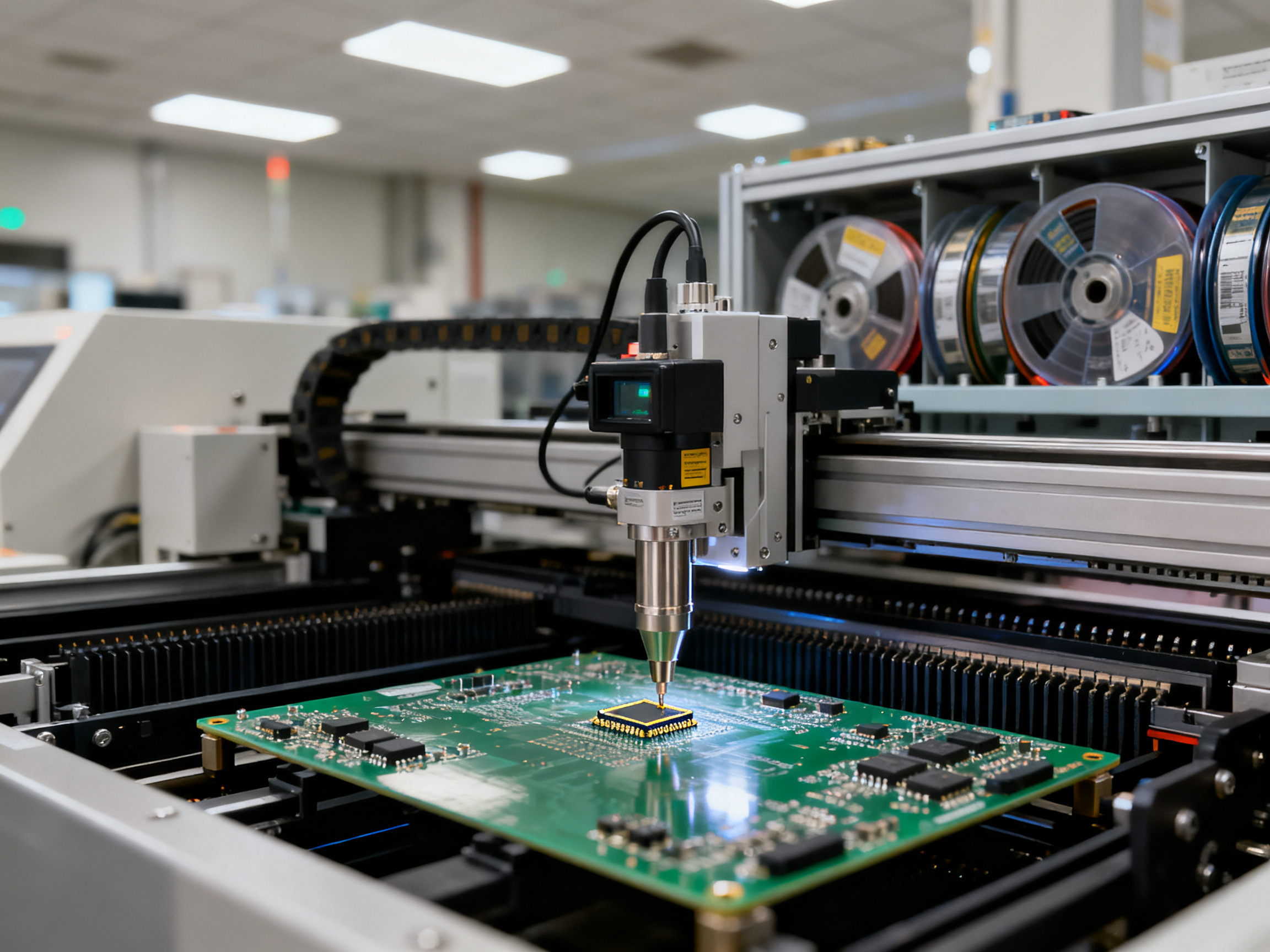 How to Set Up an SMT Production Line in 2026: Complete Equipment and Process Guide1 - S&M Co.Ltd Documentary detail view of automated pick and place machine placing a small chip.