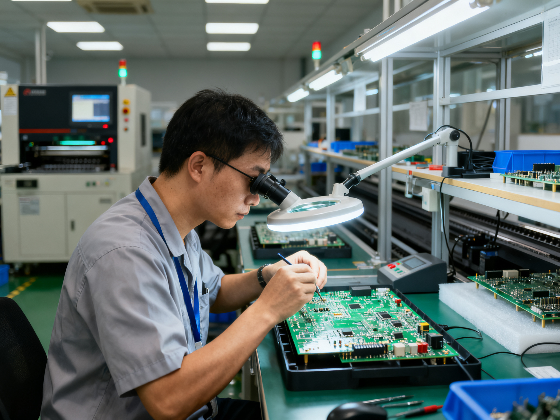 What Is Wave Soldering? Complete Process, Machine Setup, Profiling, and Applications Guide3 - S&M Co.Ltd Industrial documentary photography of quality engineer inspecting completed pcb assembly.