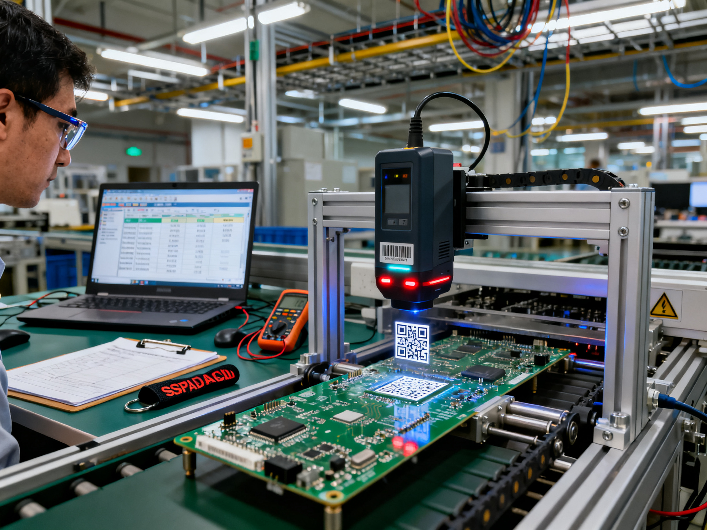 How to Set Up Automated PCB Material Handling in an SMT Production Line2 - S&M Co.Ltd Industrial documentation photograph electronics assembly workstation showing inline smt handling equipment.
